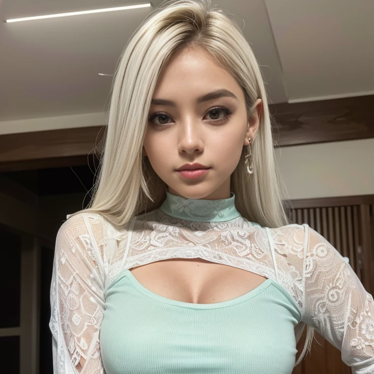 mulher bonita com vestido branco decotado, seios grandes, rustic setting, her hair is white, taken in the early 2020s, menina coreana, Shin Ryu-jin. ((realistic lighting, melhor qualidade, 8k, master part: 1.3)), Clear focus: 1.2, 1girl, figura perfeita: 1.4, abdominais finos: 1.1, ((Cabelos loiro claro)), (vestido branco : 1.4), (Casa, day at night: 1.1), Casa, rosto muito bonito, double eyelids, Selfie, Ryujin do itzy, garota coreana, improved and perfected facial features, cabelo macio e bonito.