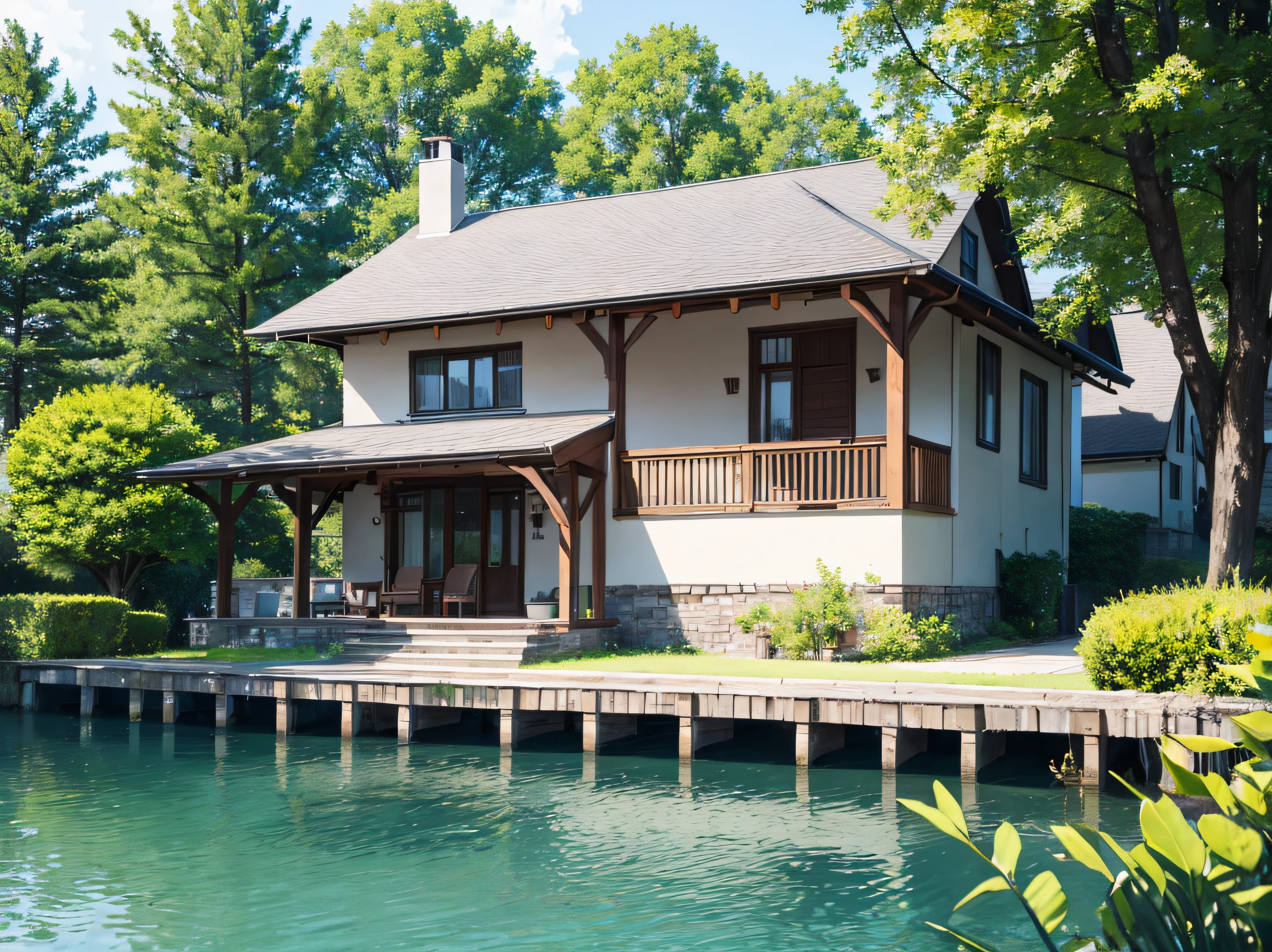 masterpiece,best quality, a house, a lake , a resting car.