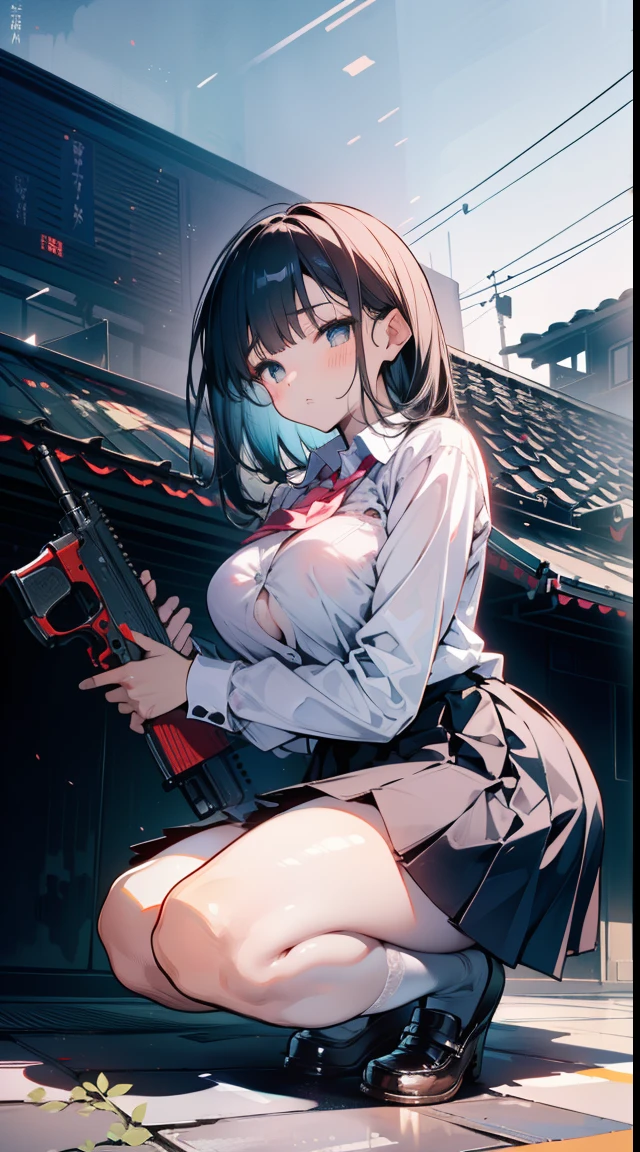 Girl shooting two guns、Bloody white shirt、A girl covered in blood after being splashed with blood. She lifts her skirt with both hands.、Showing off cute white underwear.、Black garter belt、Black rough fishnet stockings、Plain white shirt with red tie、Plain white shirt covered in blood、Standing posture、Bloody Abandoned Factory