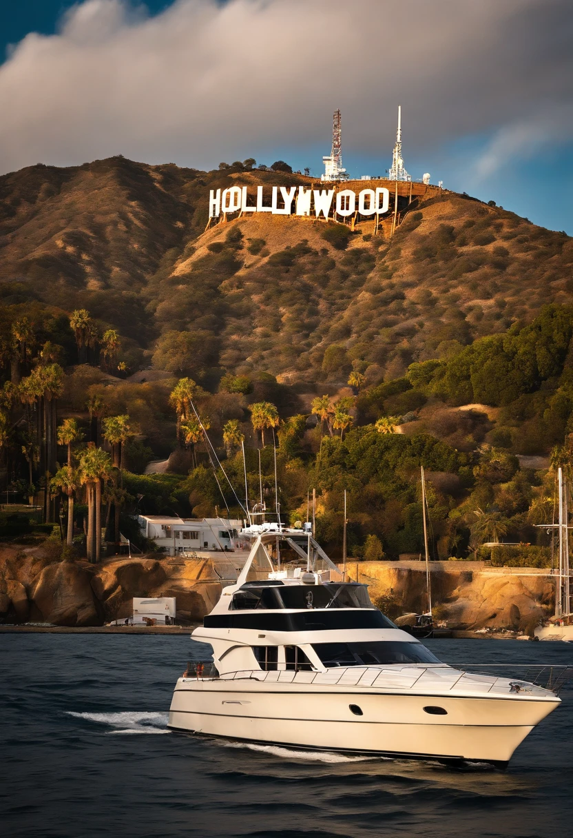 An image of the iconic Hollywood sign from a private yacht.,original,Michael is slightly overweight and in his early 40s . He has black hair but a streak of white in the front.