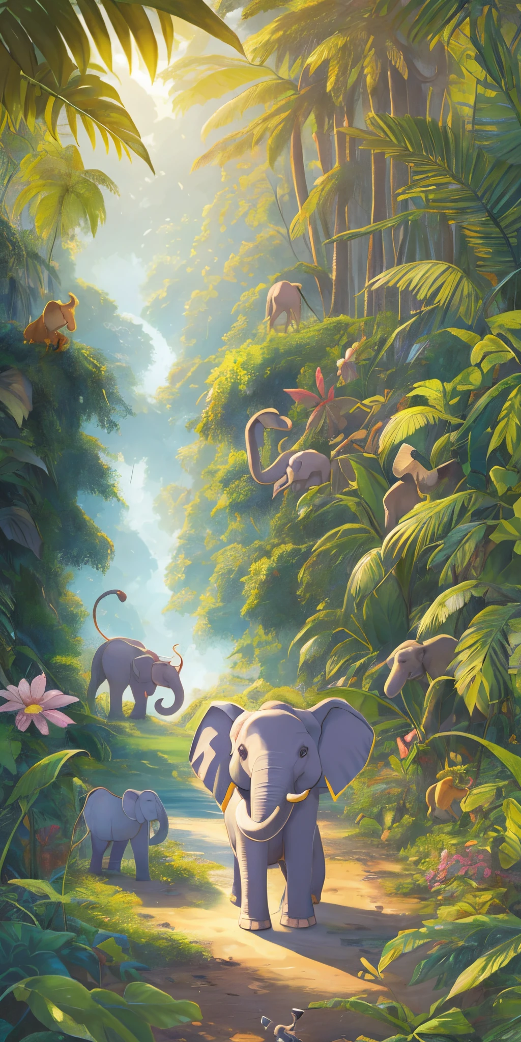 A delightful scene unfolds, showcasing Ellie, a ite elephant with a cheerful disposition, surrounded by lush jungle foliage and friendly critters. Disney style cartoon children book --auto --s2