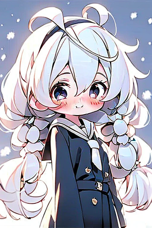 girl, ((****)), kawaii, medium hair, black eyes, (small breasts), (school uniform), light smile, (snow), ((white hair)), (narrowed eyes), twintails, ****ta hairband, Full body in camera