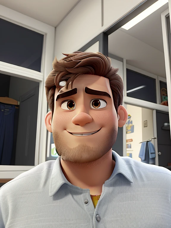 Poster estilo Disney pixar homem de meia idade, cabelo preto curto com mechas grisalhas, moreno, sem barba, meio brasileiro, Half Japanese, olhos castanhos, vestindo camiseta branca