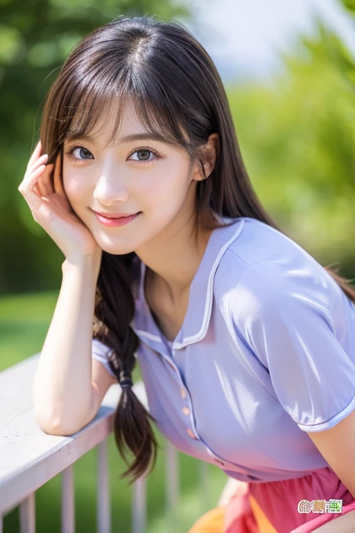 Beautiful woman with good eyes and nose、Beautiful as a model、Cute like a model、Eyes are double、How to use regular mascara、Eye color blue、Hair color pink、her face is delicate and elegant.、imagem 4k、Beautiful style like a model、Ordinary large、A refreshing and lovely smile、Yellow blouse、plain orange mini skirt、University campus on a sunny day、Pose like a model、Overall portrait、Snapshots、Best Quality、masuter piece、
