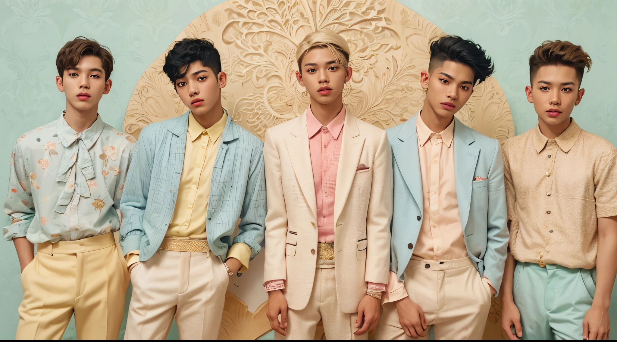 Vogue style photo shoot group of malay teenage boy as a boy band group with pastel colored background in Wes Anderson style, hyper - realistic photography, Wes Anderson style, full body, 8k, close - up shot, extreme close - up photo