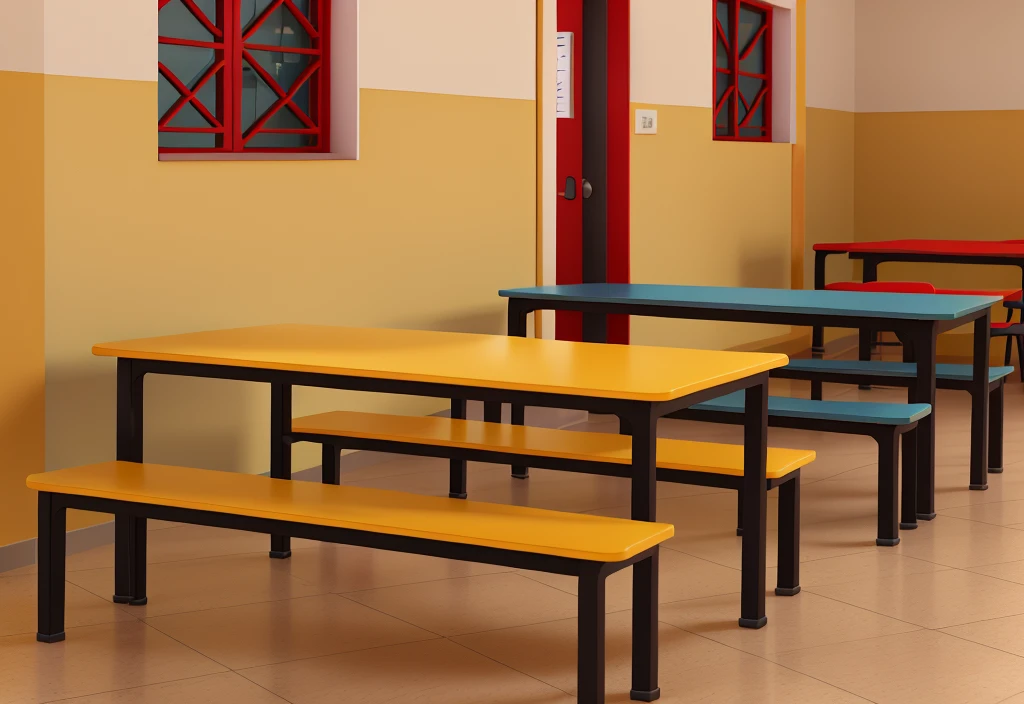 School Cafeteria, bancada e assentos com tampo amarelo e base preta, bancada e assentos com tampo azul e base preta, bancada e assentos com tampo vermelho e base preta, doors and windows with red details and textured ceramic floors. Alta qualidade.