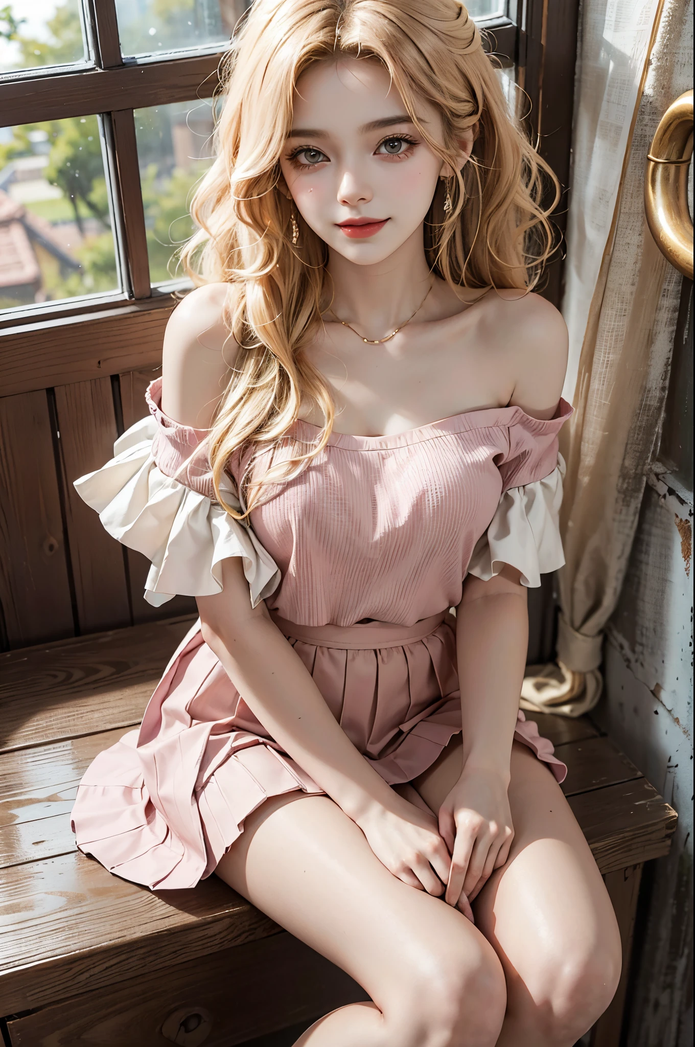 RAW photogr,18 year old sexy model, Cute young girl, messy hair,Smiled shyly, curlies, golden hair, Campus style, Pink off-shoulder one-shoulder shirt, White pleated skirt, Sit Pose, sit on stairs, posing elegantly, posed for photo, Random shooting angle, Surprising detail,The is very detailed, Smooth skin, a warm color palette, best qualtiy, The is very detailed, the detail