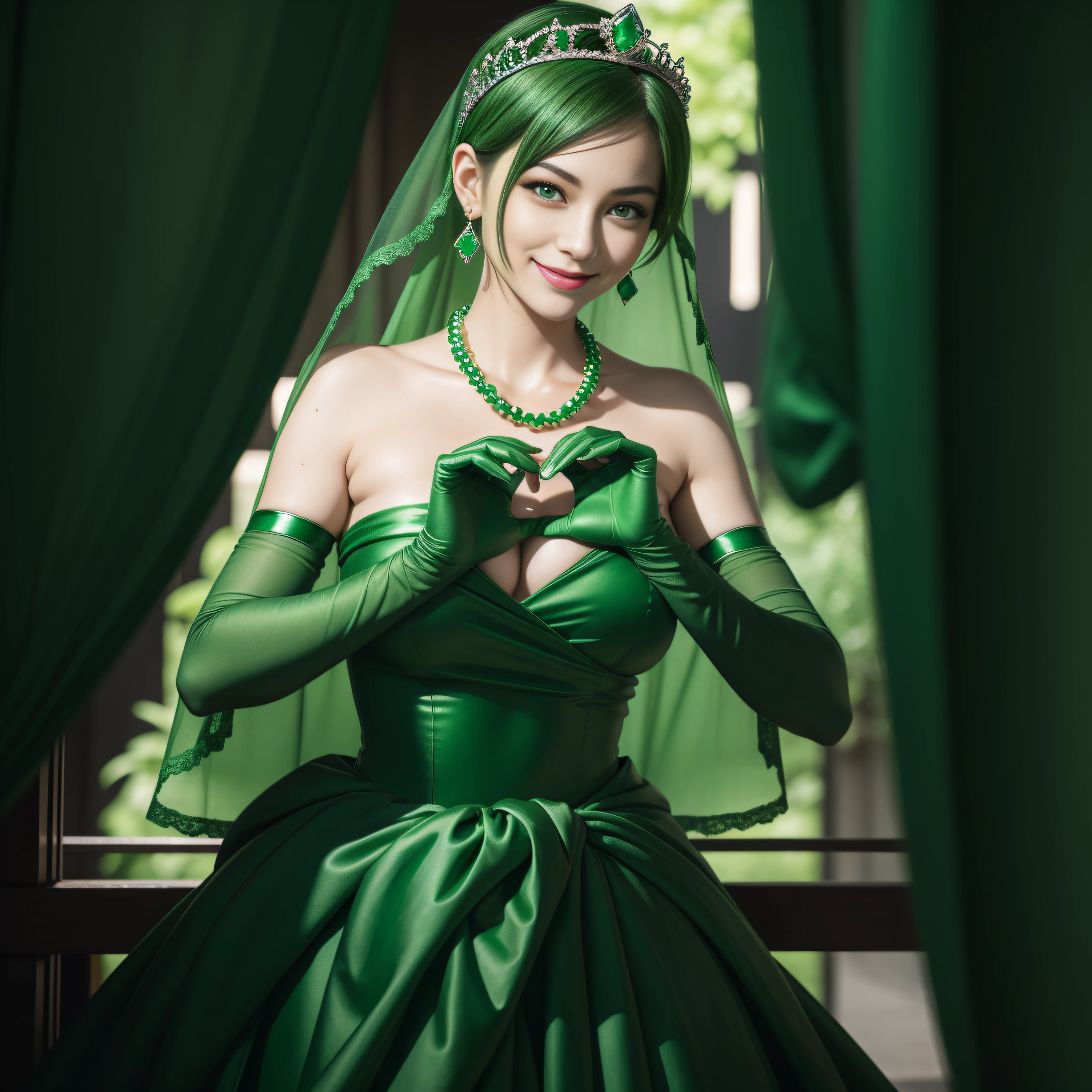 emerald tiara, Green Pearl Necklace, Boyish very short green hair, lipsticks, Japan woman smiling, very short short hair,  big breasts beautiful, Green eyes, Long green gloves made of satin material, Green eyes, Emerald Earrings, green vale, Heart with both hands