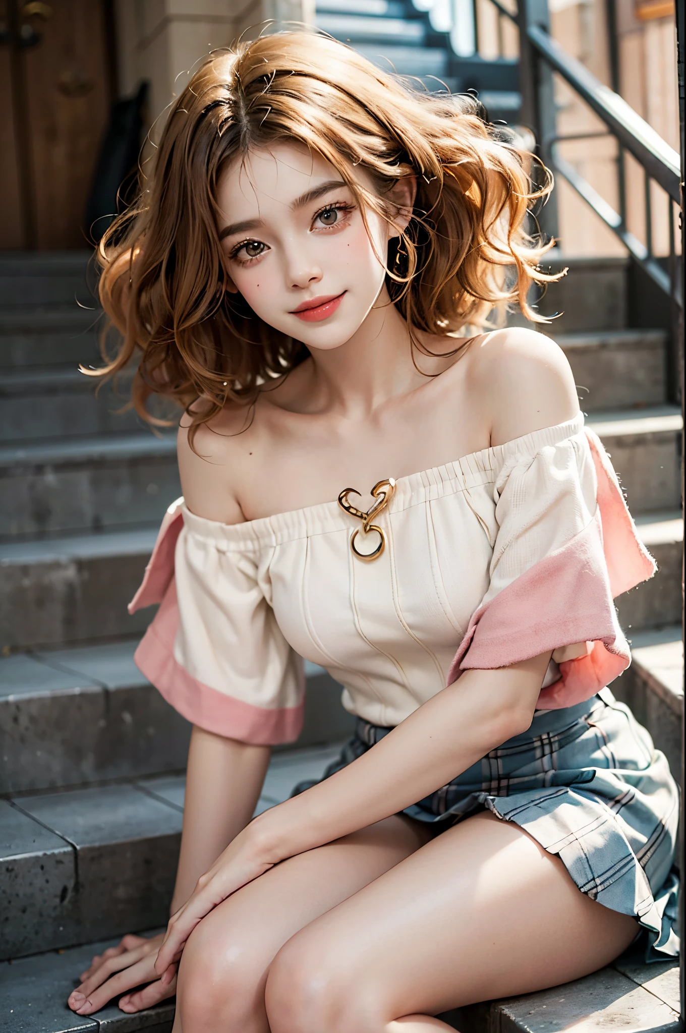 RAW photogr，18 year old sexy model, Cute young girl, messy  hair，Smiled shyly, curlies, golden hair, Campus style, Pink off-shoulder one-shoulder shirt, White pleated skirt, Sit Pose, sit on stairs, posing elegantly, posed for photo, Random shooting angle, Surprising detail，The is very detailed, Smooth skin, a warm color palette, best qualtiy, The is very detailed, the detail