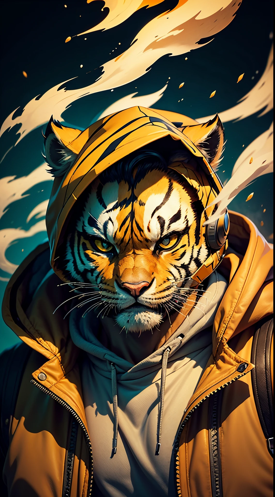 Cartoon energetic fiery tiger with black and yellow jacket playing soccer in tokyo city street, dramatic smoke effect, smoke effect, style raw, vintage color grading, Super 8mm lense, Extreme close-up, Deep Focus cinematography effect, high quality, ultra detail, 8k