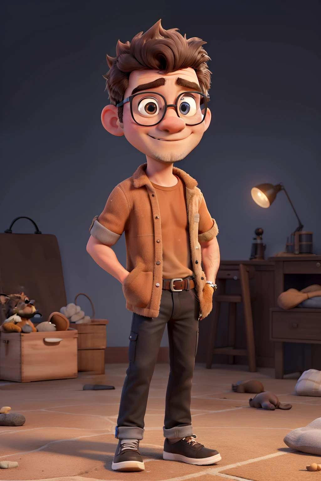 Obra-prima, de melhor qualidade, a young man with faded hair, usando oculos um pouco arredondado, de barba e bigode ralo, usando camisa da NASA, black jeans and black sneakers, looking at the night sky through a Newtonian telescope. Next to him is a gray Siamese kitten with blue eyes and a short, furry dog with brown fur..