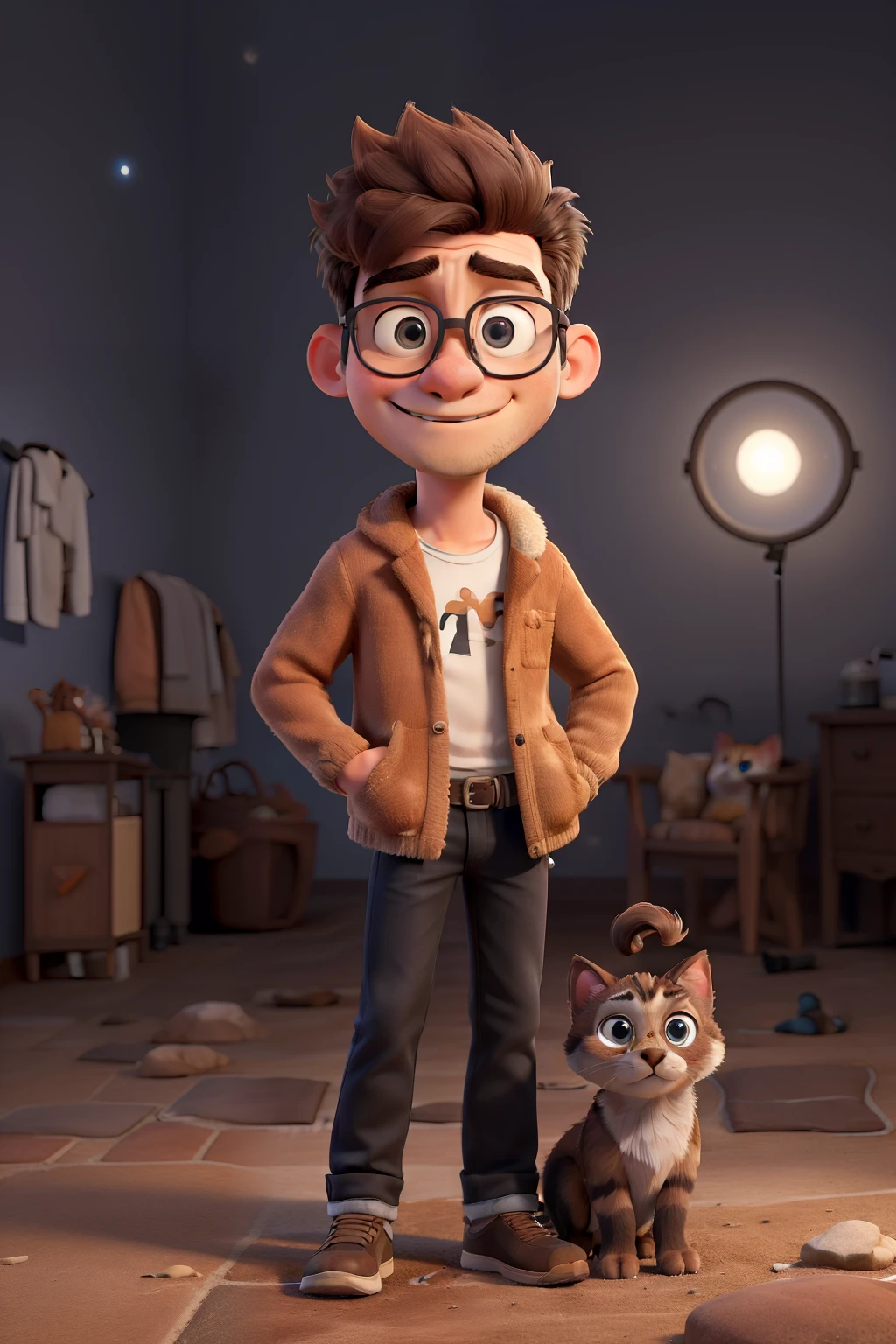 Obra-prima, de melhor qualidade, a young man with faded hair, usando oculos um pouco arredondado, de barba e bigode ralo, usando camisa da NASA, black jeans and black sneakers, looking at the night sky through a Newtonian telescope. Next to him is a gray Siamese kitten with blue eyes and a short, furry dog with brown fur..