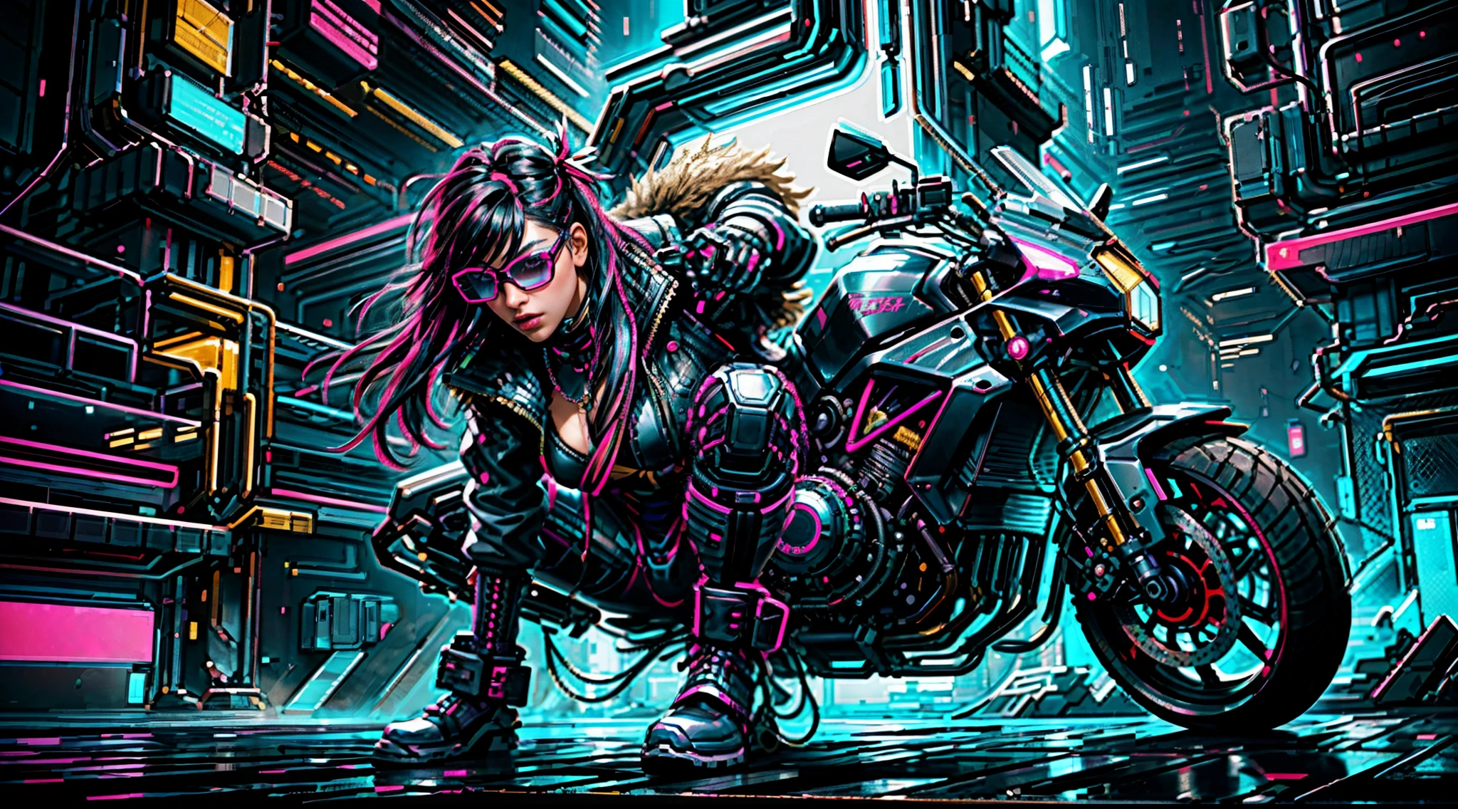 Cyberpunk, Neon, 1 Mächen, Neon-Haare, Neon-Augen, Pferdeschwanz-Frisur, schwarze Lederjacke, samuraischwert, sonnenbrille, full-body, pose seitlich mit blick in die kamera, Cyberpunkstadt im hintergrund, regen.