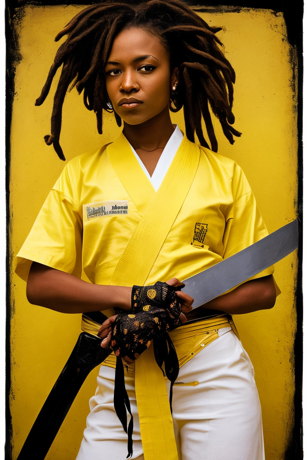 Black woman, sword, Hattori Hanzo, holding sword, warrior, blood on her face, kill bill, wearing yellow, dreadlocks, black woman, pulp art