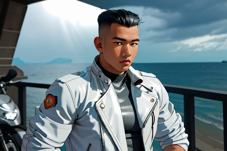 syahnk,front view ,1man,22 y.o very huge muscular man wearing white shirt in fit leather jacket,( visible huge pecs and bulging muscular arm in tight jacket,tight leather jacket,detailed jacket,handsome,masculine,military hair,high fade hair,whole body shot,high detailed skin:1.4), full body, coastline, overcast weather, wind, waves,motorbike,8k uhd, dslr, soft lighting, high quality, film grain, Fujifilm XT3 masterpiece, best quality, highres, realistic,DSLR ,