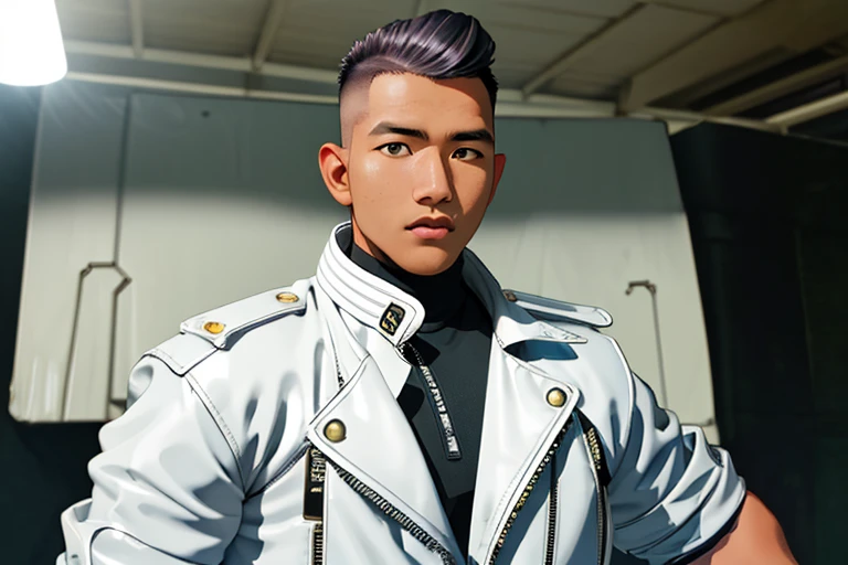 syahnk,front view ,1man,22 y.o very huge muscular man wearing white shirt in fit leather jacket,( visible huge pecs and bulging muscular arm in tight jacket,tight leather jacket,detailed jacket,handsome,masculine,military hair,high fade hair,whole body shot,high detailed skin:1.4), full body, coastline, overcast weather, wind, waves,motorbike,8k uhd, dslr, soft lighting, high quality, film grain, Fujifilm XT3 masterpiece, best quality, highres, realistic,DSLR ,