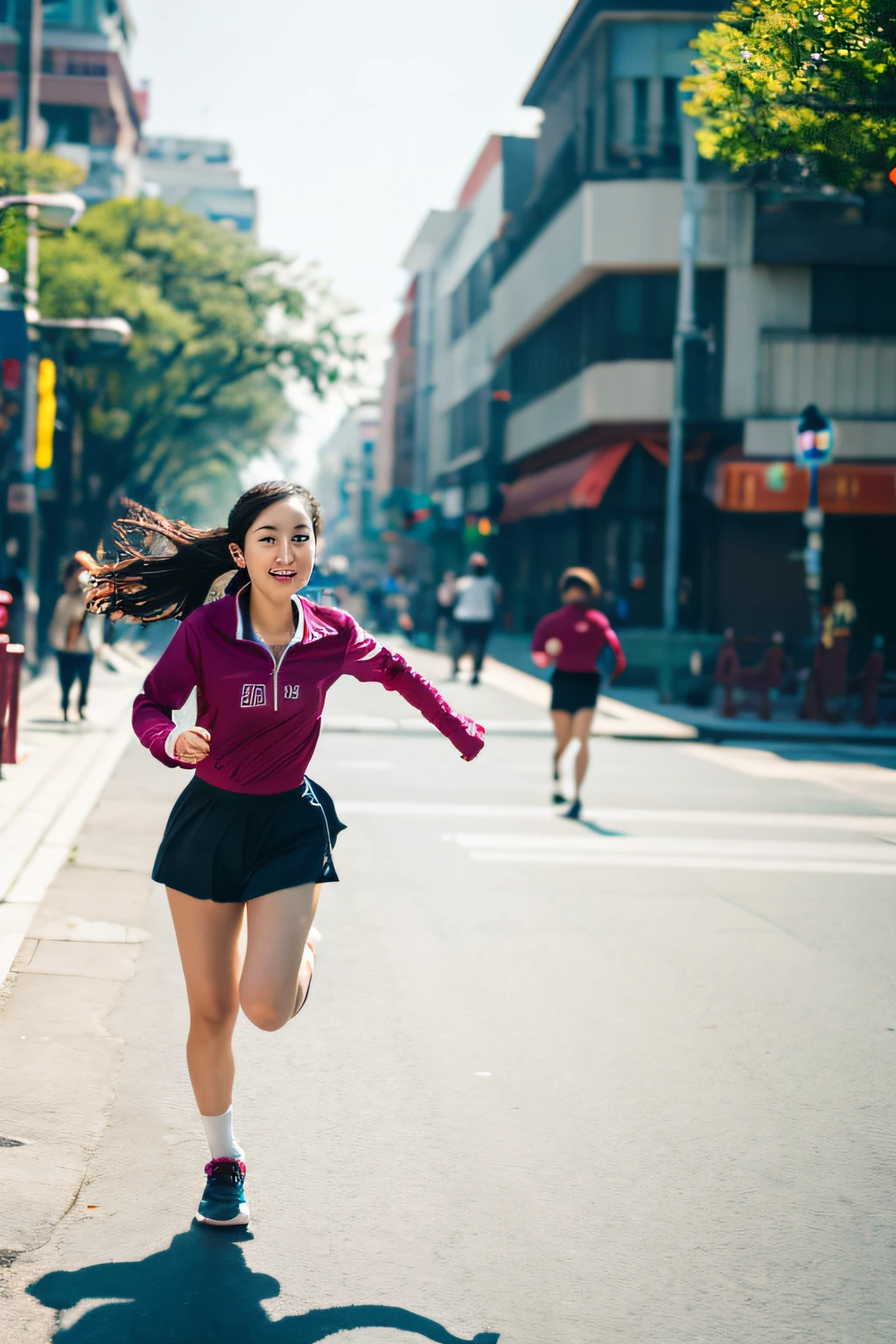 a Asian Young women running on the Shanghai street,side view,full length shot,photo-realistic, soft shadows, no contrast,clean sharp focus,shot on sony a7iv, sigma 24mm f1.4, film grain, natural lighting,professional color grading --ar 3:4 50 --v 5.2 --style raw --s 2