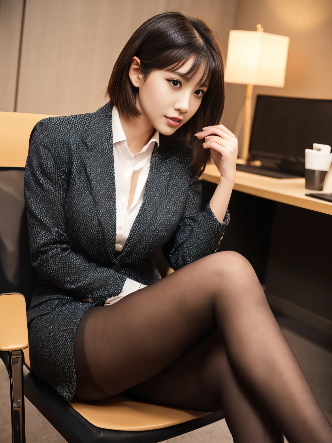 face is :9,1714884241], Classy upper-class elite secretary in business shirt, Sitting in a chair and working in the office、Wearing a strict business suit, (Wearing pantyhose)、(Short Layer Hair)、crossed legs, Wear high-end high heels、 (thighhighs and skirt), Girl in a shirt, Wearing a business suit, Wearing a business suit, in a business suit, businesswoman, business clothes, wearing black business suit, Wear shirts and skirts, Woman in business suit, Business attire, business outfit, Raw photo, (8K、top-quality、​masterpiece:1.2)、(intricate detailes:1.4)、(Photorealsitic:1.4)、octane renderings、Complex 3D rendering ultra detail, Studio Soft Light, Rim Lights, vibrant detail, super detailing, realistic skin textures, Detail Face, Beautiful detail eyes, Very detailed CG Unity 16k wallpaper, make - up, (detailedbackground:1.2), Exposed thighs!!!,