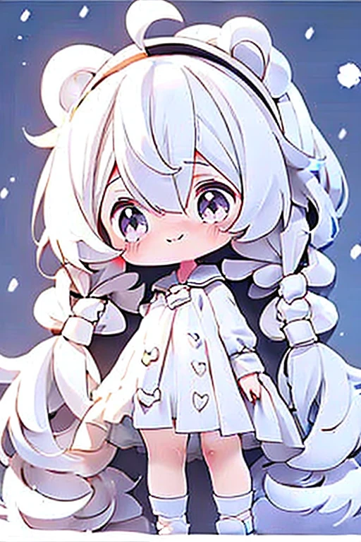 girl, (()), kawaii, medium hair, black eyes, (small breasts), (school uniform), light smile, (snow), ((white hair)), (narrowed eyes), twintails, loliairband, Full body in camera，sprout