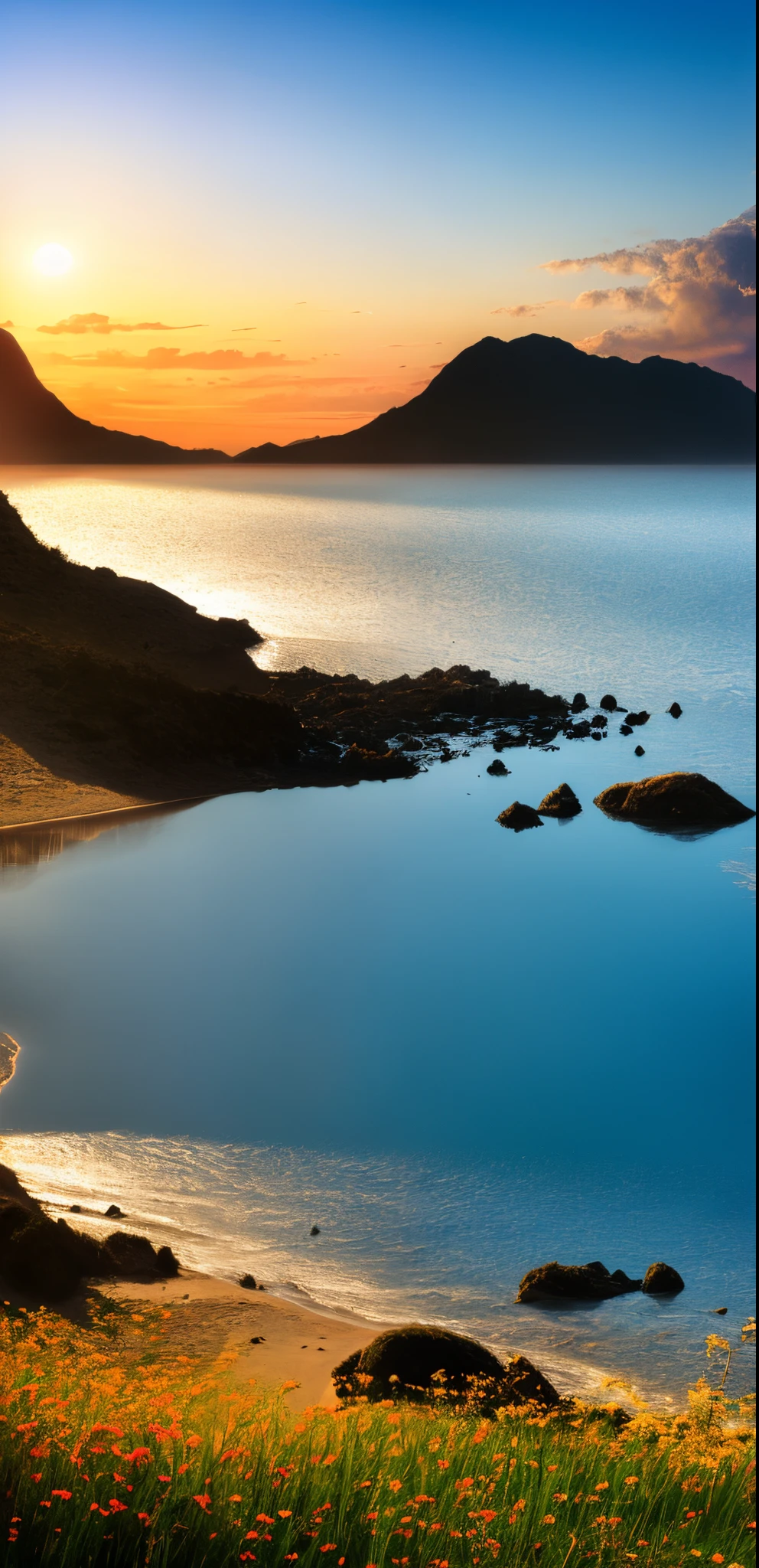 (best quality,4k,8k,highres,masterpiece:1.2),ultra-detailed,(realistic,photorealistic,photo-realistic:1.37),vibrant colors,bokeh,landscape,ocean,rolling hills,blooming flowers,trees under golden sunset,serenity,majestic mountains,sun rays peeking through clouds,calm waters,seagulls flying in the distance,smooth waves crashing on the shore,reflection of the sky on the water,soft breeze rustling leaves,lush green grass,distant sailboats,rocky cliffs,peaceful atmosphere,tranquil beach,clear blue sky,crimson and orange hues,sparkling water,harmony between land and sea,serene nature,cool misty air,faraway horizon,gentle waves lapping against the sand,sparkling star-filled sky,stunning natural beauty