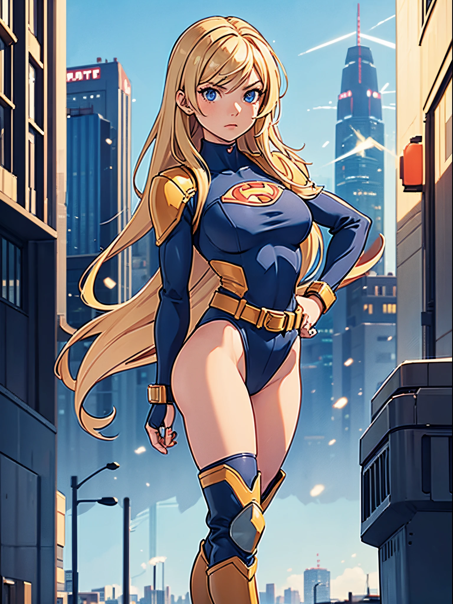 masterpiece, best quality, 1girl, superhero, leotard, bare legs, knee boots, matching boots, heroic, city backdrop, standing, body infused with energy, light particles, solo, single, cowboy shot, perfect anatomy, hand on hip, blonde hair, beautiful detailed eyes, belt