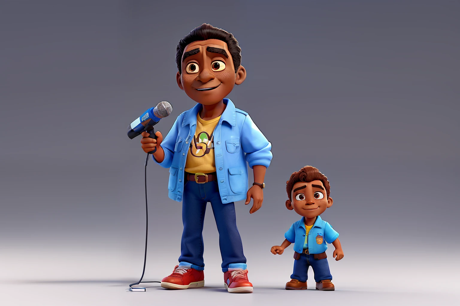 Homem de 77 anos, pele morena clara, vestindo camisa de linho branca de mangas compridas, holding a microphone and wearing blue jeans feel black in Disney Pixar 3D style