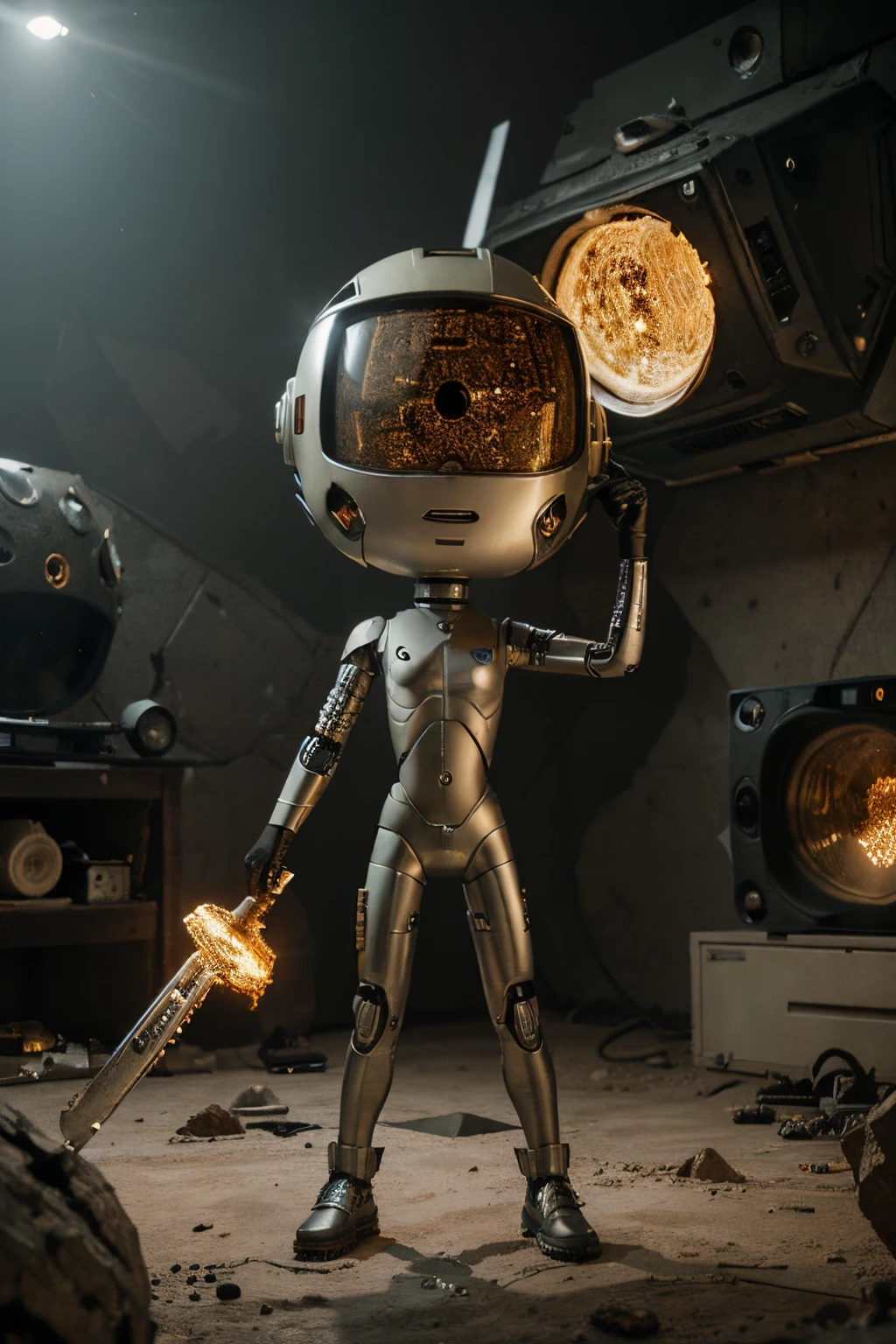 A Modern flat toon Crazy whit a Big ONE a Only Eye Robot and helmet Style, tongs in hands, Tv head, pinhead, camouflage Yellow White Rusty, Ambient in a meteorite crater super detailed, center, beautiful, soft lighting, focused on the character, 4K resolution, photorealistic rendering,