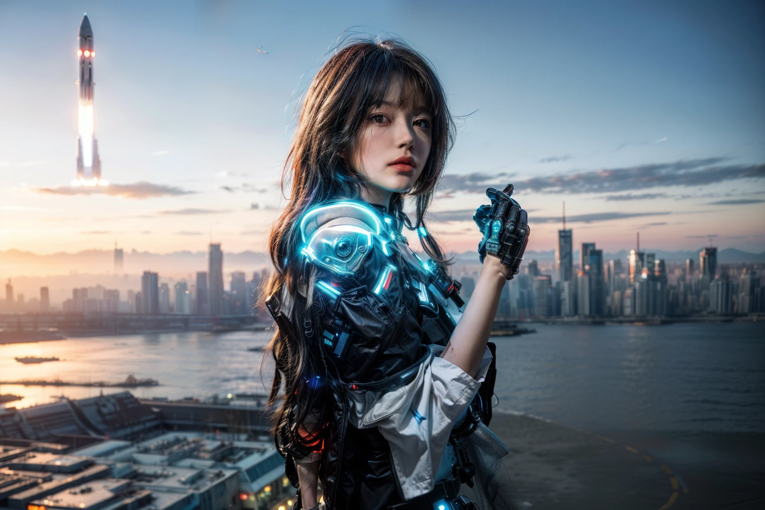 Her standing in futuristic cityscape:1.444, spaceship in sky:1.2, many neon lighting in city:1.4, (best photo), (ultra quality), ((super detail)), (((super realistic))), ((sci-fi themes:1.3))