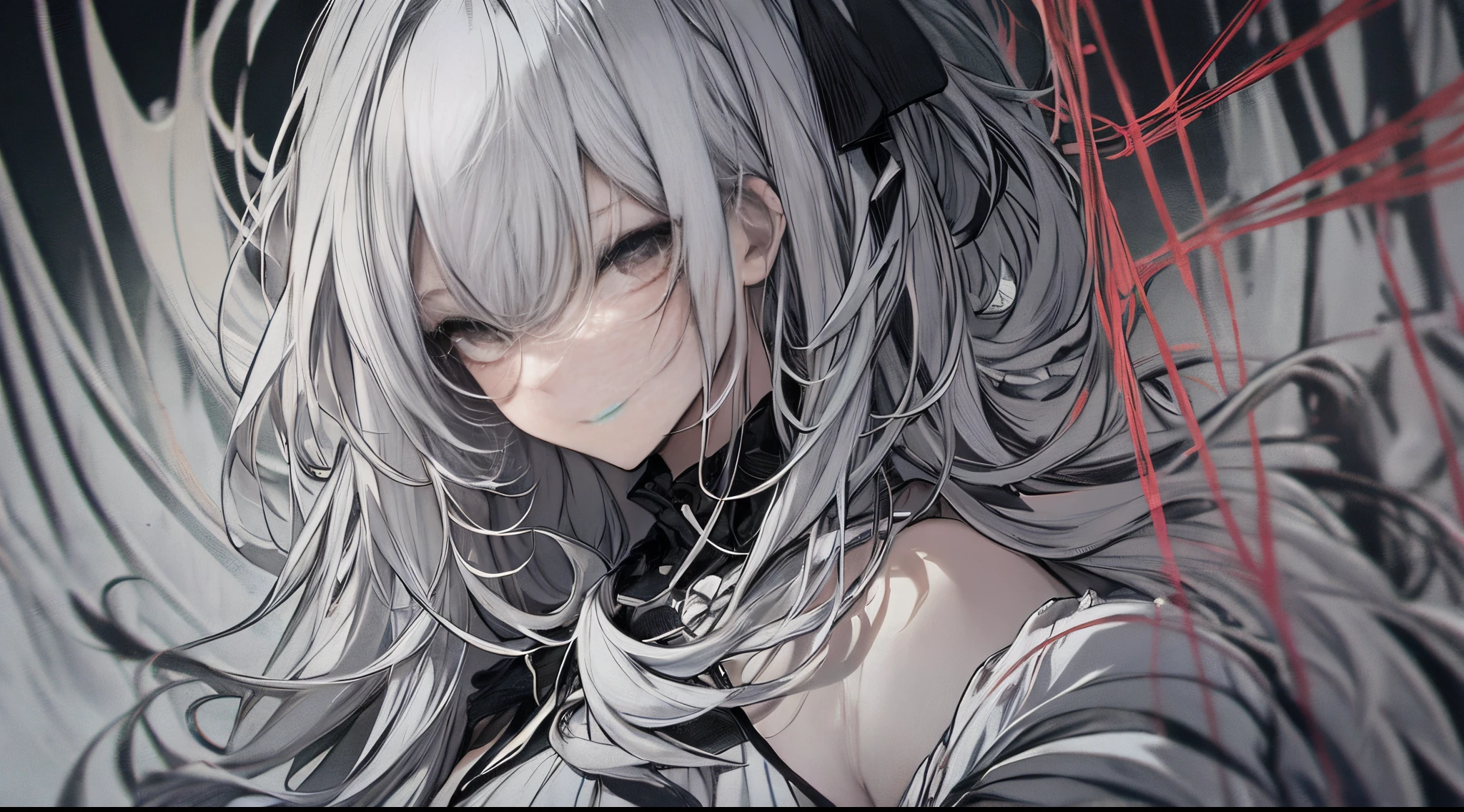 top-quality、Top image quality、tmasterpiece、girl vs.......((18yr old、White dress、best bust、Bust 85、A white-haired woman、Long gray hair、grey-eyed、red string,Black nails,we open our hearts、Happy、return blood))high high quality、visual art、Background with((Black and white world))、Kurosawa film style