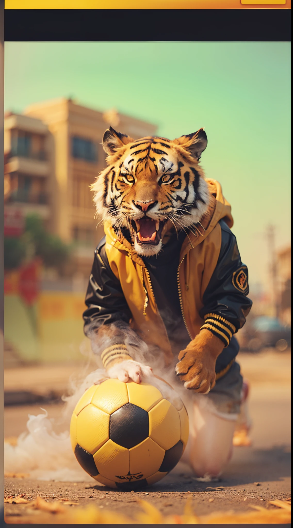 Cartoon energetic fiery tiger with black and yellow jacket playing soccer in egypt city street, dramatic smoke effect, smoke effect, style raw, vintage color grading, Super 8mm lense, Extreme close-up, Deep Focus cinematography effect, high quality, ultra detail, 8k