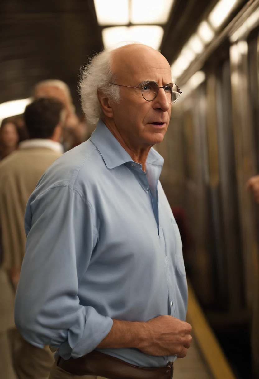 A photo of Larry scowling at a group of street performers in the subway station.,Curb Your Enthusiasm,Larry David, the character from “Curb Your Enthusiasm,” mirrors his real-life counterpart with a casual, often disheveled appearance, typically seen in khaki pants, a loose-fitting shirt, and sneakers. He is balding, with a rim of curly hair, and he carries a bemused expression that often shifts into one of exasperation or incredulity