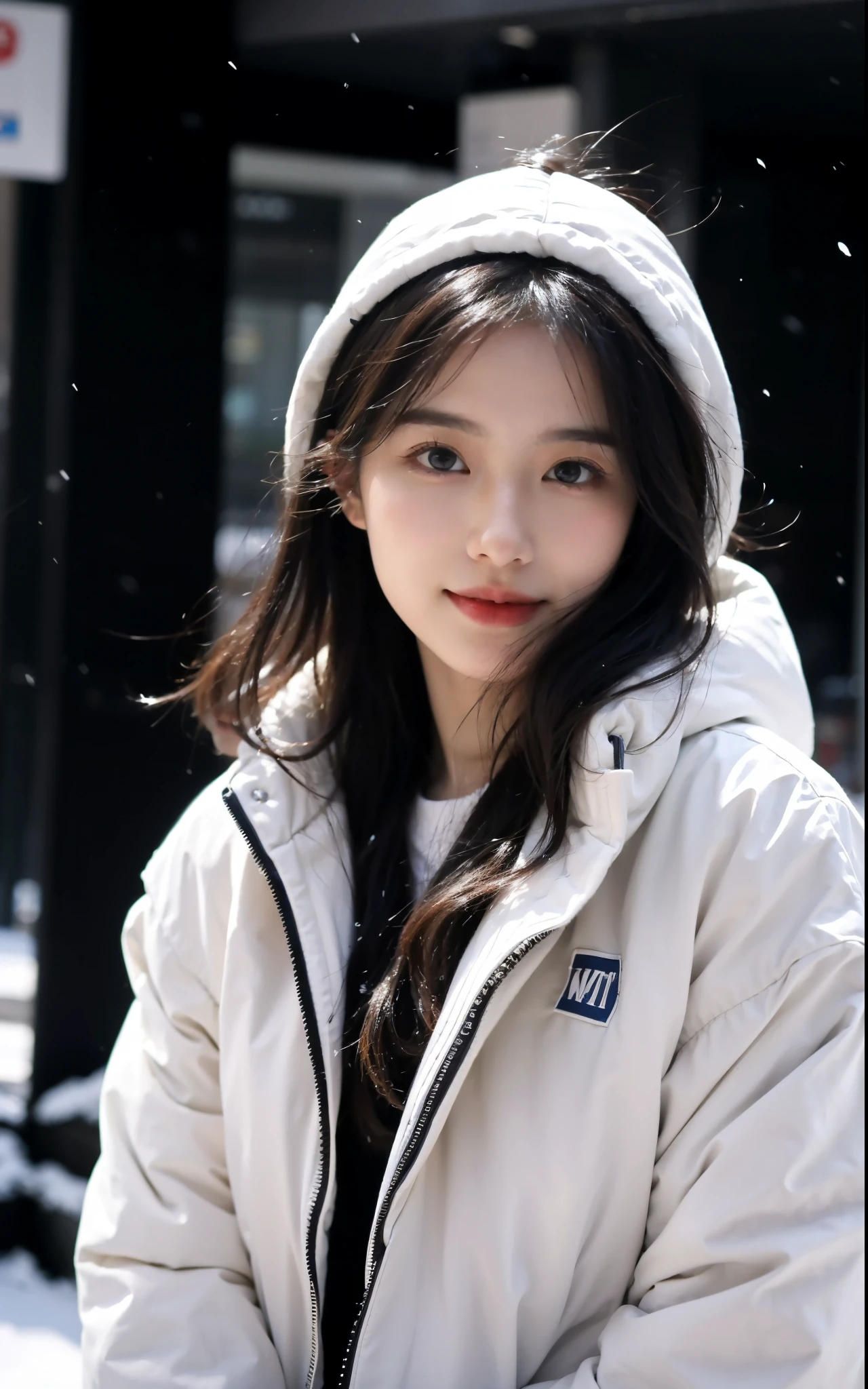 Wearing a white down jacket, White skin of the, 1 girl,close your mouth and smile,Winters,23-year-old girl,high high quality,looking at the camera in,face to the viewer,snowy days,(Short hair details:1.5)