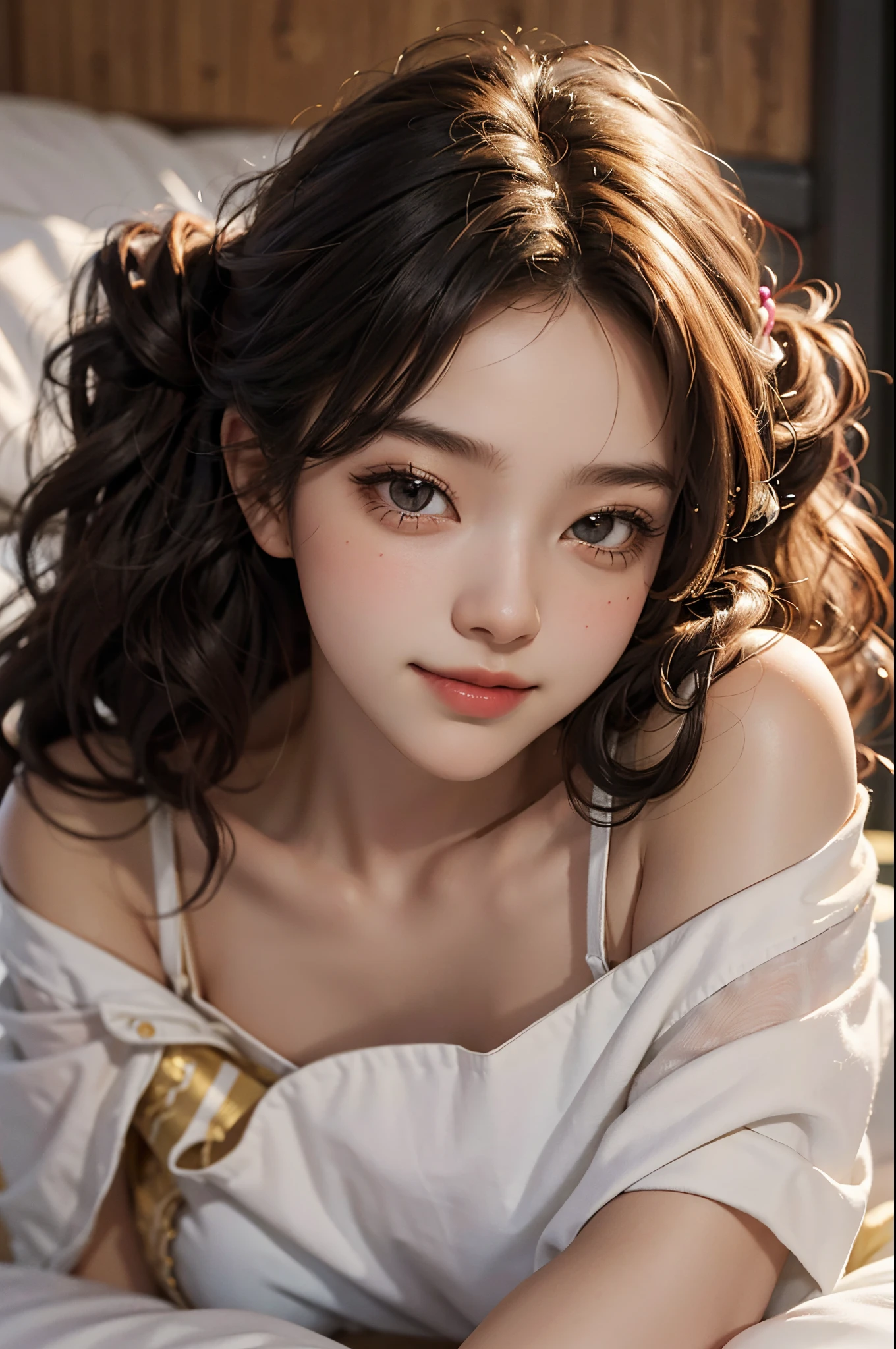 RAW photogr,18 year old sexy model, Cute young girl, messy hair,Smiled shyly, curlies, golden hair, Campus style, White off-shoulder one-shoulder shirt, a black pleated skirt, Lie down, Lie down in bed, Lift the skirt, posing elegantly, posed for photo, Surprising detail,The is very detailed, Smooth skin, a warm color palette, best qualtiy, The is very detailed, the detail
