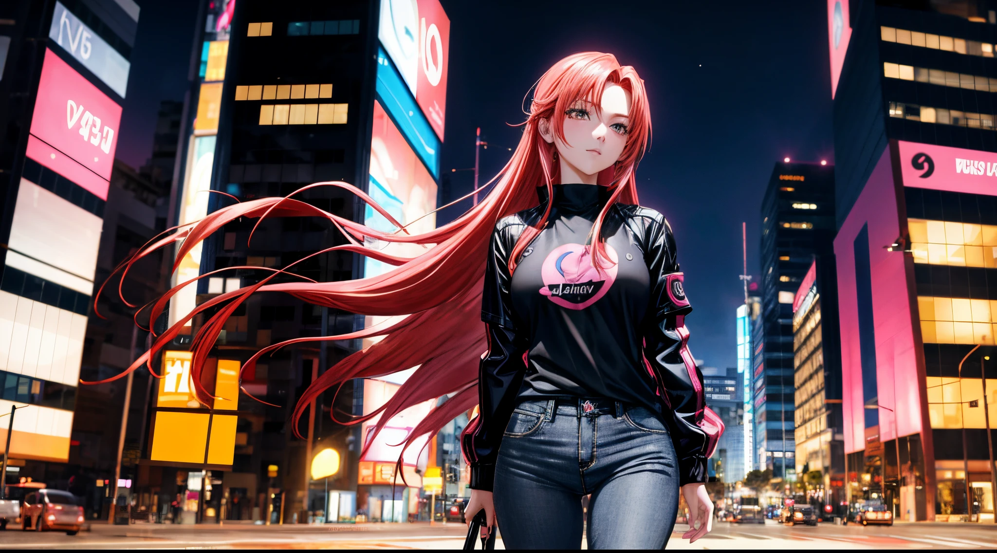 anime woman with redhead hair, black jacket, pink shirt, gray jeans pants, In Sao Paulo, avenida paulista, noite, city lights, 4k