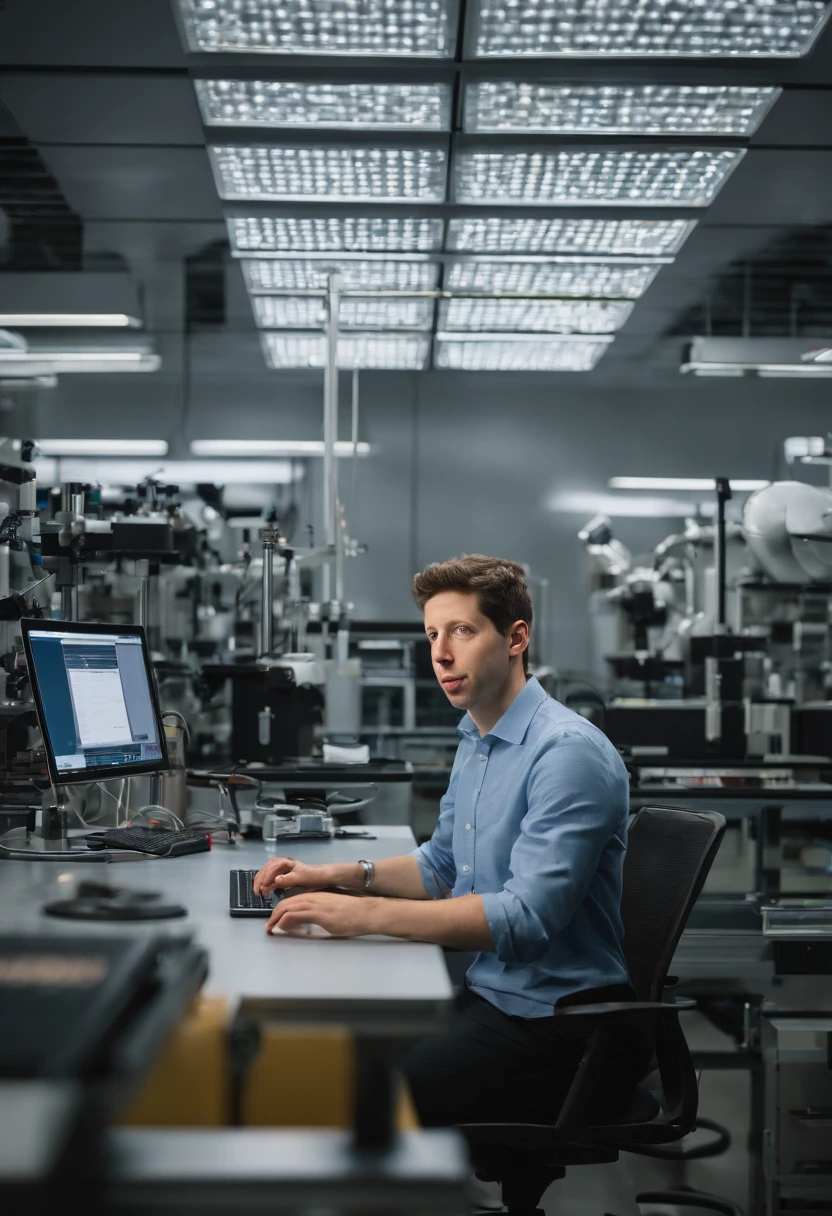 An image of Sam Altman working in a high-tech laboratory with AGI research equipment in the background,original,Sam Altman