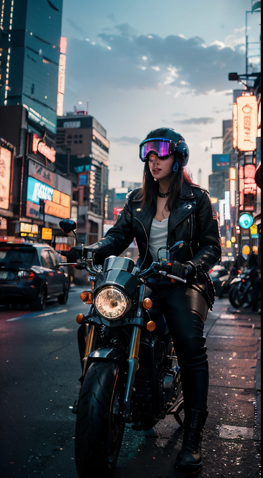 A girl riding a futuristic cyberpunk motorcycle, surrounded by vibrant city lights, neon signs, and towering skyscrapers. The motorcycle is sleek and glossy, with intricate details and glowing LED lights. The girl is wearing a black leather jacket, a helmet with a heads-up display, and futuristic goggles that cover her eyes. The cityscape behind her is filled with flying cars, holographic advertisements, and bustling crowds of people. The colors are vibrant and saturated, with a mix of cool blues and neon pinks creating a futuristic atmosphere. The lighting is dramatic, with a combination of harsh streetlights and the soft glow of neon lights casting long shadows. The image quality is of the highest level, with ultra-detailed textures and sharp focus. The overall style of the artwork is a blend of cyberpunk and realism, capturing both the fantastical elements of the genre and the realistic details of the girl and the motorcycle. The image has a gritty and edgy feel, with a touch of futuristic technology.