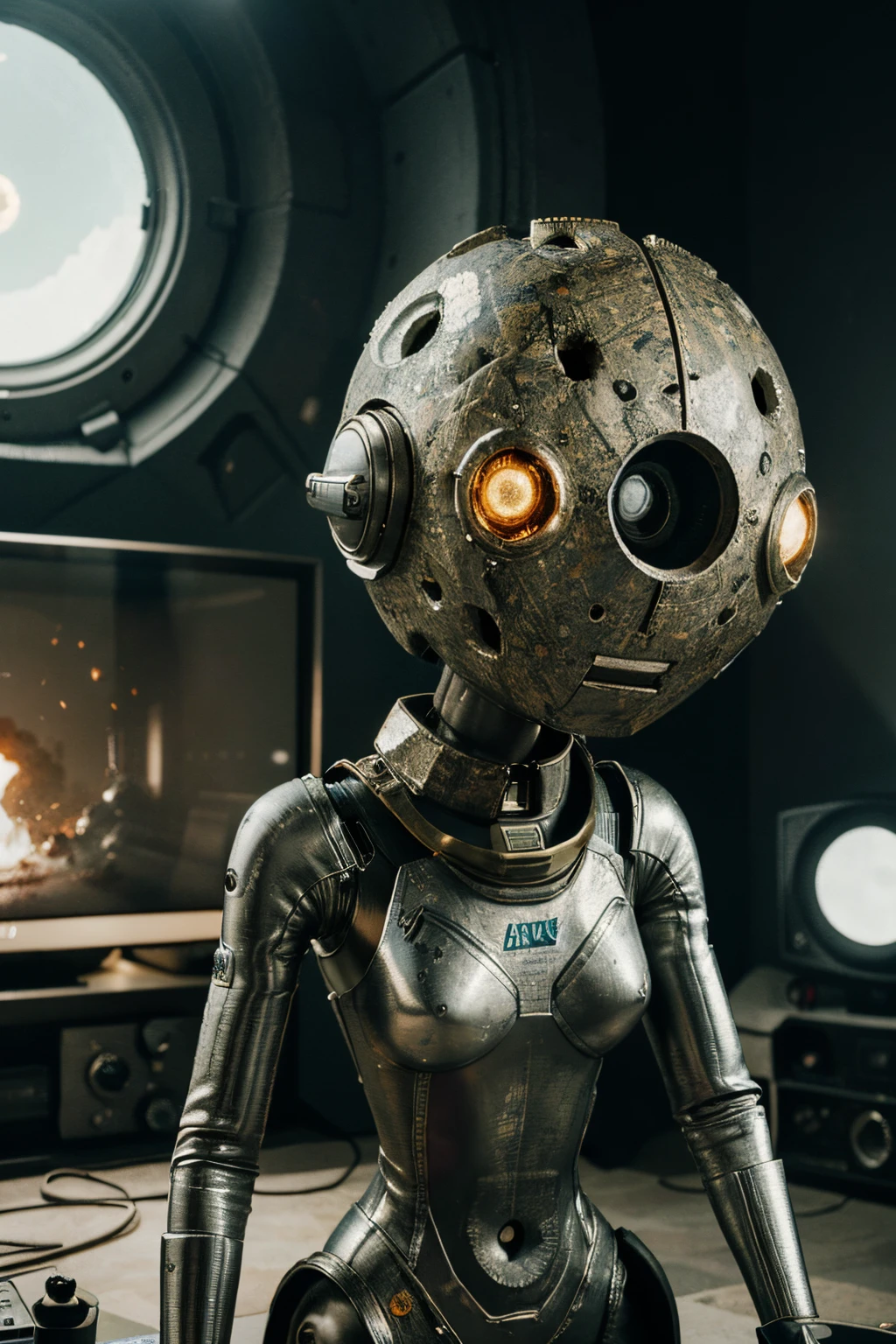 A Modern flat toon Crazy whit a Big ONE a Only Eye Robot and helmet Style, tongs in hands, Tv head, pinhead, camouflage Yellow White Rusty, Ambient in a meteorite crater super detailed, center, beautiful, soft lighting, focused on the character, 4K resolution, photorealistic rendering,