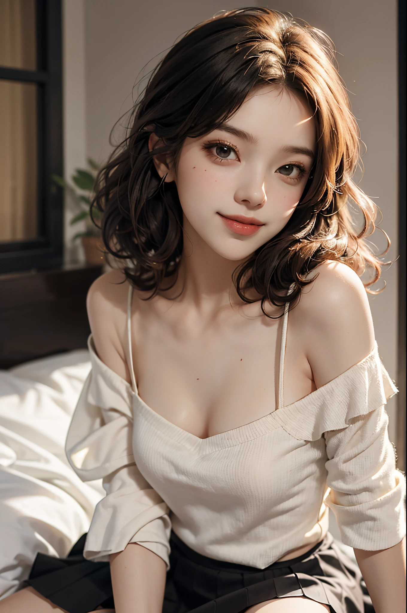RAW photogr,18 year old sexy model, Cute young girl, messy hair,Smiled shyly, curlies, golden hair, Campus style, White off-shoulder one-shoulder shirt, a black pleated skirt, Lie down, Lie down in bed, Flirting skirts, posing elegantly, posed for photo, Surprising detail,The is very detailed, Smooth skin, a warm color palette, best qualtiy, The is very detailed, the detail