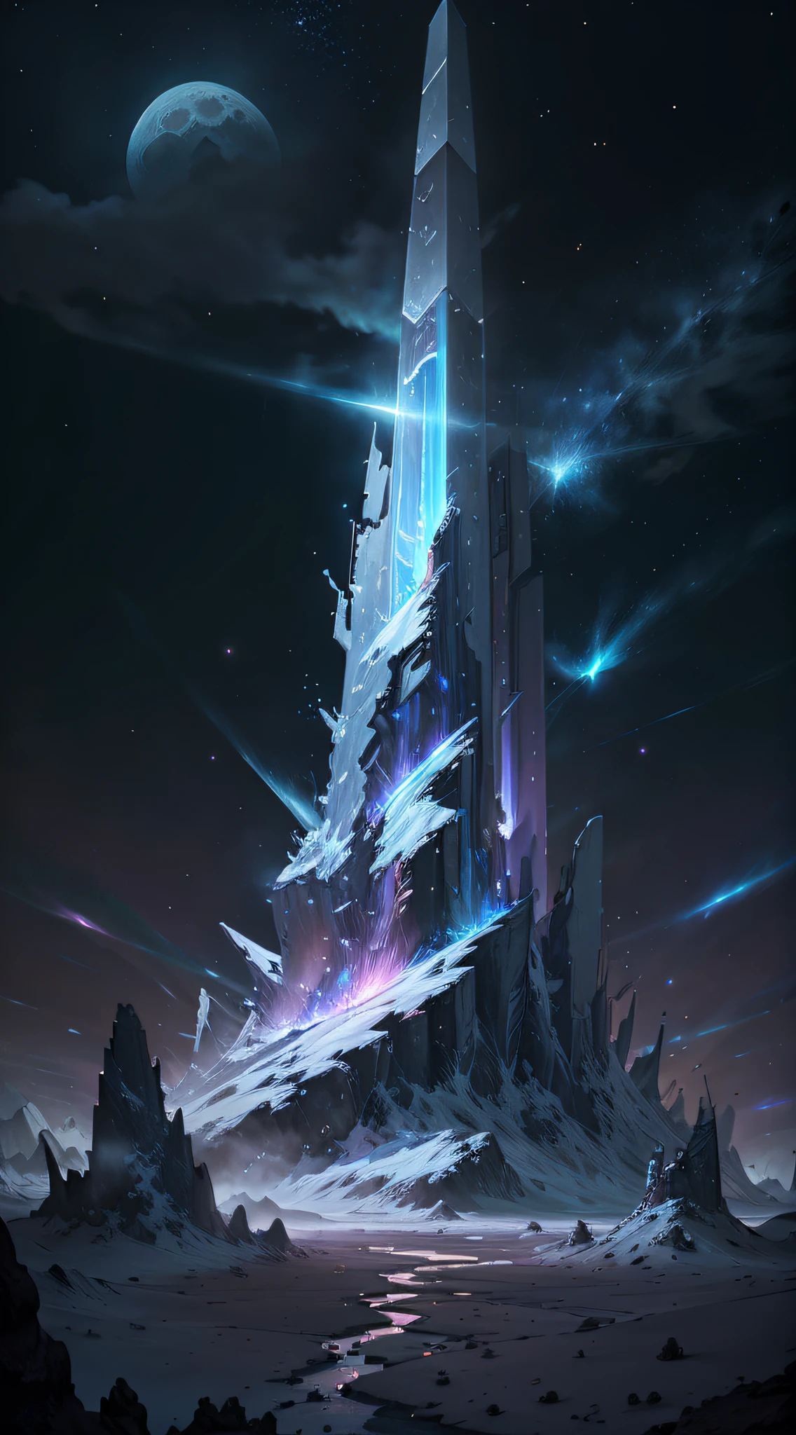 Expansive landscape photograph,A giant sword pierces the earth,(moon full:1.2),(meteors:0.9),(Starcloud:1.3),Far Mountain, The art of tree felling,(Warm light source:1.2),(glowworm:1.2),lamplight,lots of purples and oranges,Complicated details,Volumetric lighting BREAK(tmasterpiece:1.2),(Best quality),4K,ultra - detailed,(dynamic combination:1.4),high detal,Lots of colors,(Irridescent color:1.2),(glowing light,ambientlighting),Wonderful and magical,magical,(独奏:1.2)