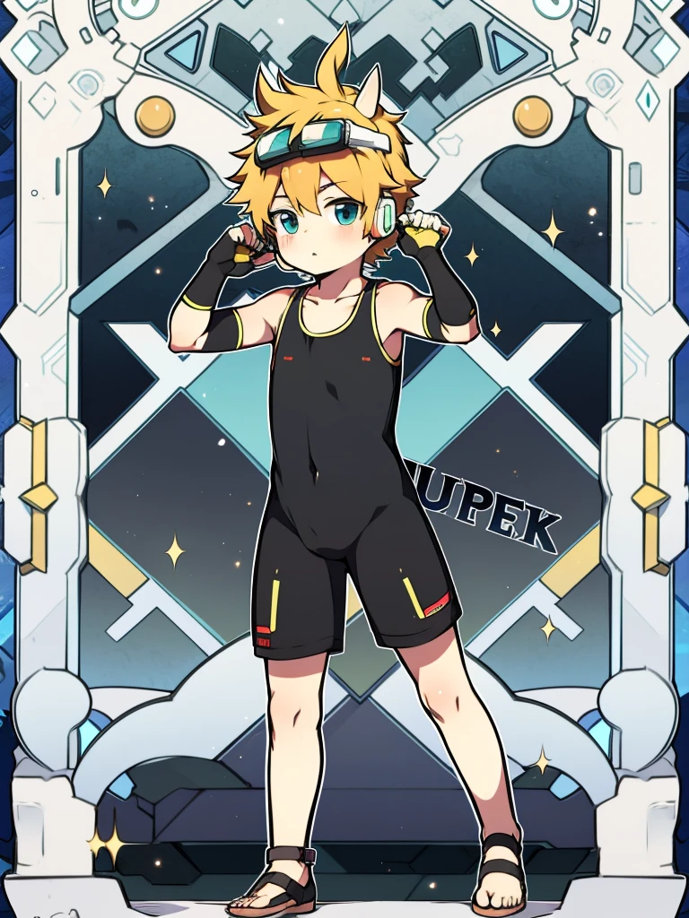 shota,,Two dimensional anime boys,One-piece costume,long slim figure,protective goggles,Fingerless gloves,Stood up,There are long horns on the head,Earphone
