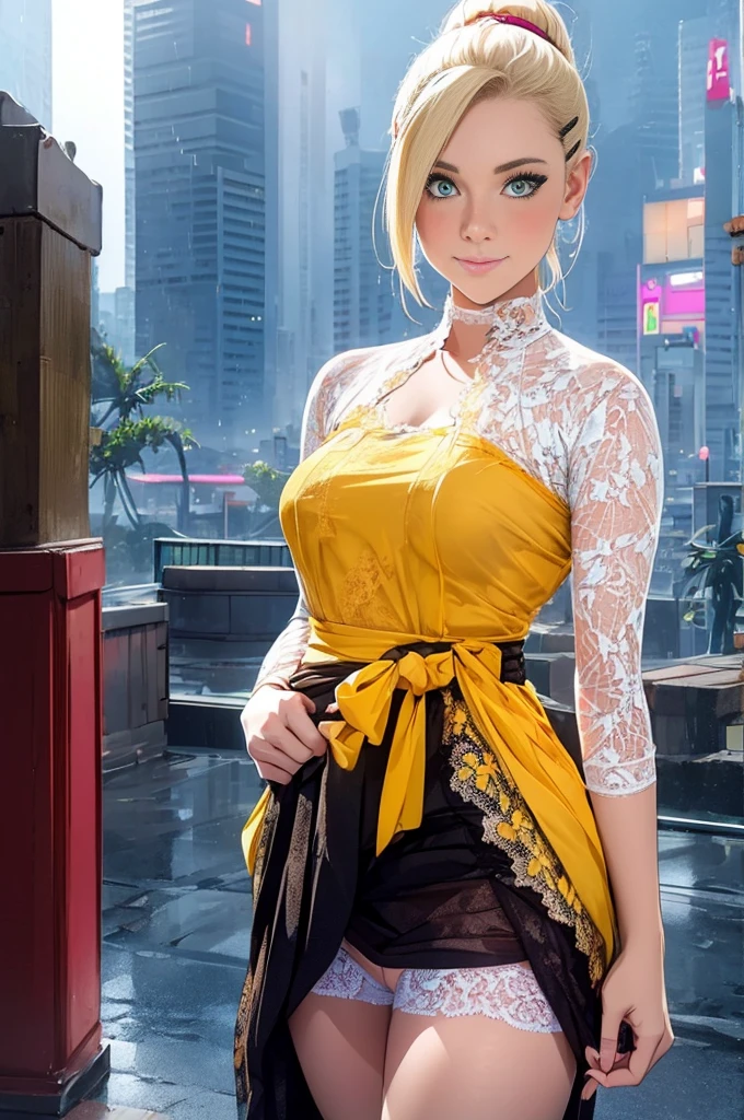 1girl, blonde hair, hair ornament, bare shoulders, closed mouth, green eyes, ponytail, hairclip, hair over one eye,masterpiece,best quality,night view,rainy,cyberpunk city,wet clothes, kebaya_bali,yellow_kebaya_bali,large breasts,sweaty smile,show nipples ,transparent dress ,show armpits,get raped by 1 man,((skirt lift by myself))), (lifted by self), panties , panties focus,(white lace panties:1.3)