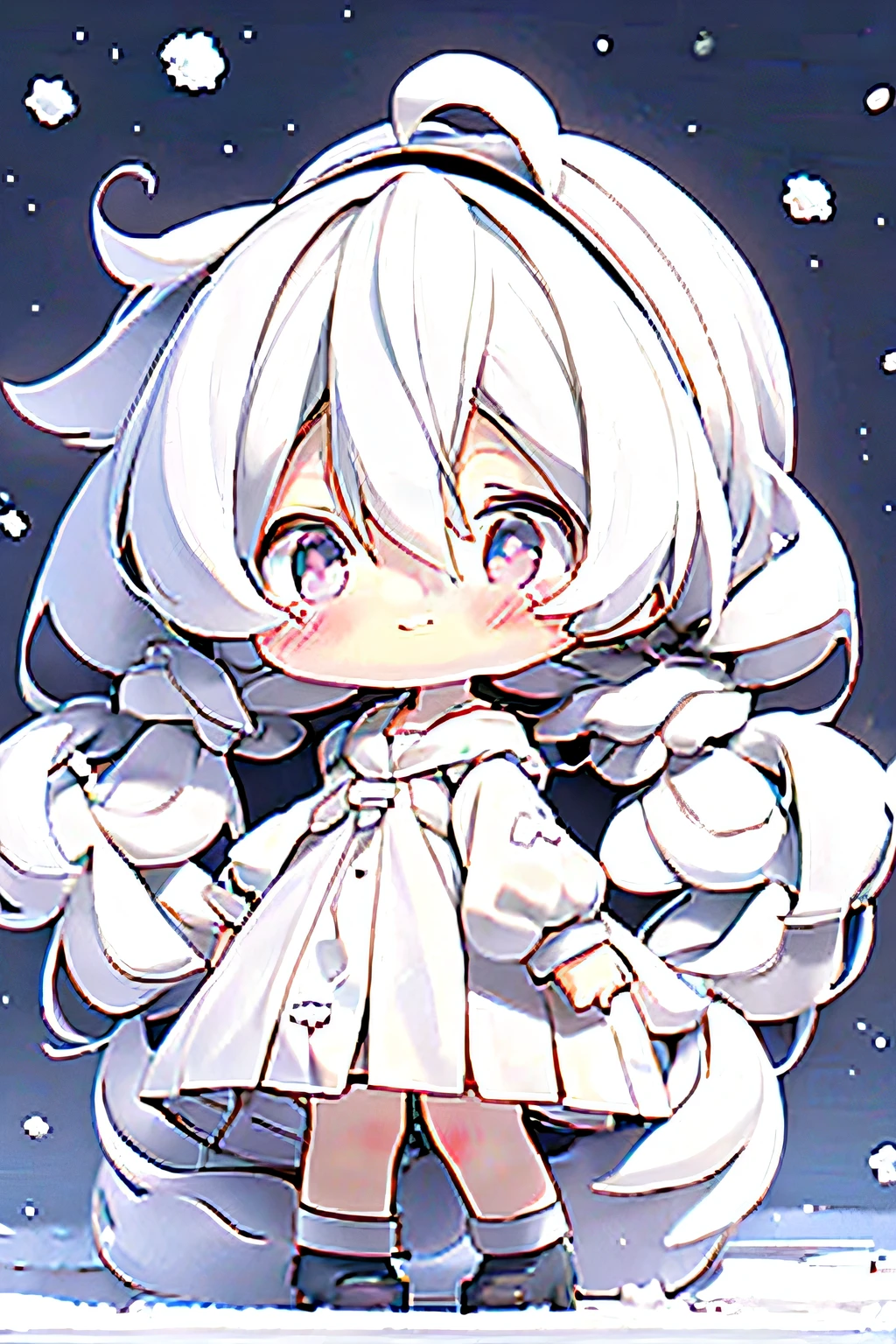 girl, (()), kawaii, medium hair, black eyes, (small breasts), (school uniform), light smile, (snow), ((white hair)), (narrowed eyes), twintails, loliairband, ((hands up )), Full body in camera