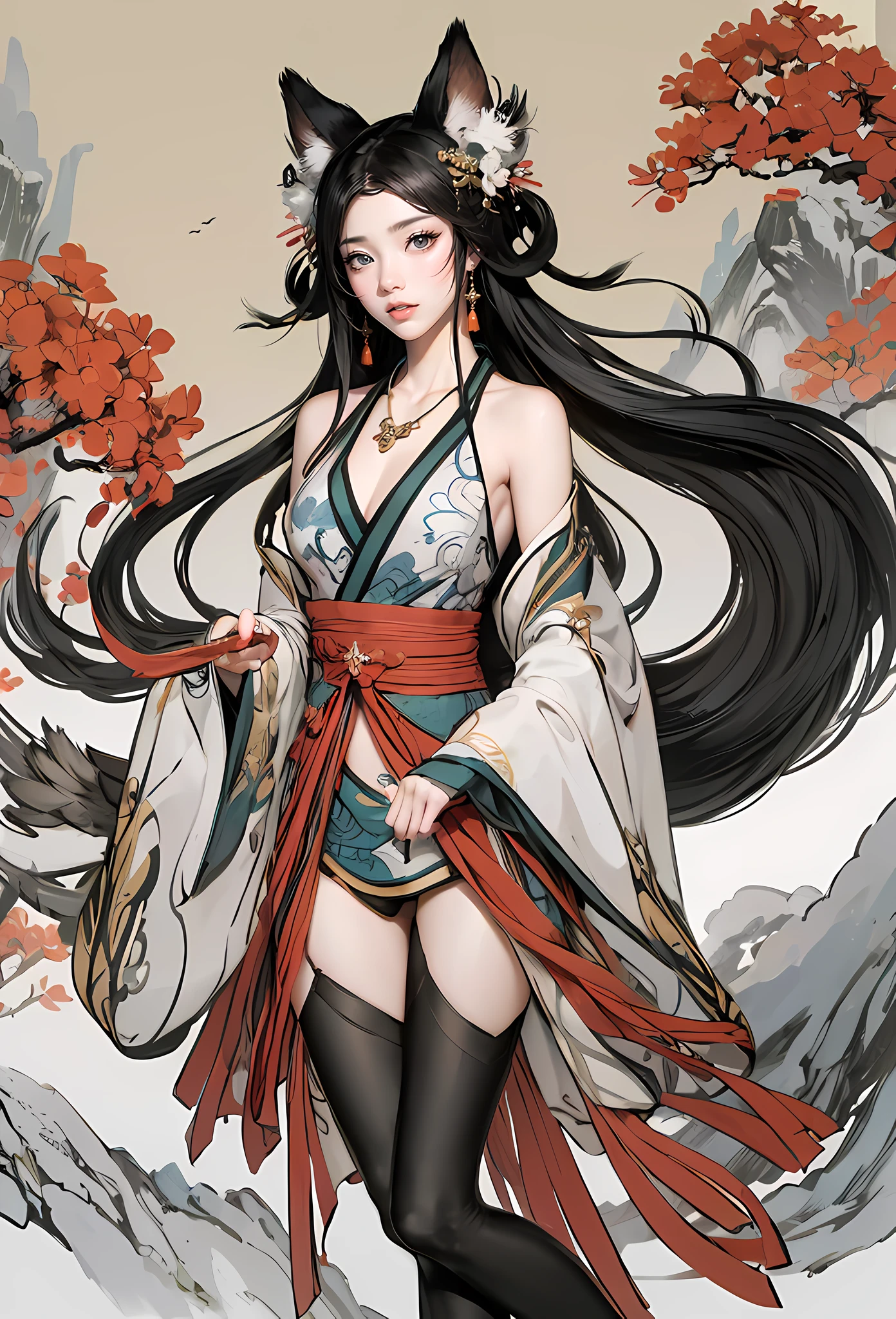 Step into the realm of traditional Chinese art with this prompt showcasing a traditional Chinese ink painting depicting the latest fashion ensemble for the League of Legends character Ahri. The artist's brushstrokes bring to life a blend of Chinese elegance and the mystical elements of a nine-tailed fox. Ahri stands gracefully in a resplendent form-fitting top adorned with intricate patterns, accentuated by wide billowing sleeves that exude elegance. A plush fur collar adds warmth and sophistication, while sleek leggings accentuate her slender figure. The centerpiece of the outfit is a short skirt formed by nine fox tails, symbolizing Ahri's enchanting nature. Ahri strikes a pose against a solid-colored background, her presence commanding attention as her striking beauty and cultural fusion captivate viewers. This traditional Chinese ink painting celebrates the timeless allure of Chinese aesthetics and the allure of Ahri's newest attire. Created by renowned traditional Chinese ink painter Zhang Daqian，((Best quality)), ((Masterpiece)), ((Realistic))，axial symmetry，anatomy correct，