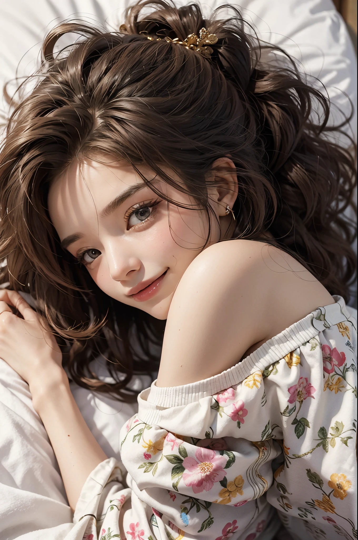 RAW photogr,18 year old sexy model, Cute young girl, messy hair,Smiled shyly, curlies, golden hair, Campus style, White off-shoulder one-shoulder long dress, Floral, Lie down, Lie down in bed, Lift the skirt, posing elegantly, posed for photo, Surprising detail,The is very detailed, Smooth skin, a warm color palette, best qualtiy, The is very detailed, the detail
