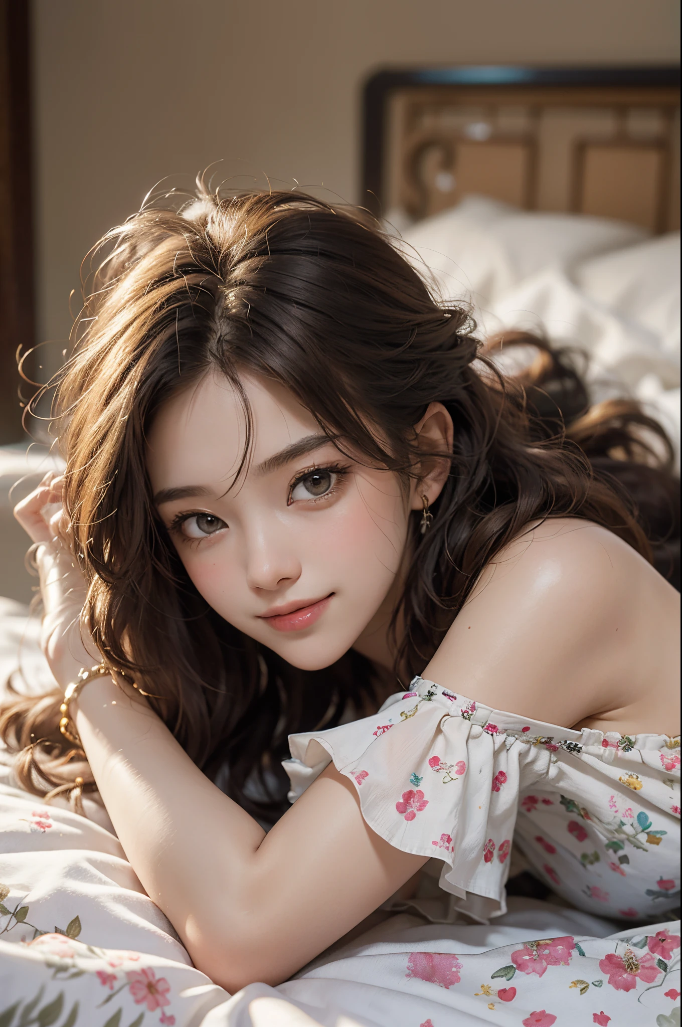 RAW photogr，18 year old sexy model, Cute young girl, messy  hair，Smiled shyly, curlies, golden hair, Campus style, White off-shoulder one-shoulder long dress, Floral, Lie down, Lie down in bed, Lift the skirt, posing elegantly, posed for photo, Surprising detail，The is very detailed, Smooth skin, a warm color palette, best qualtiy, The is very detailed, the detail