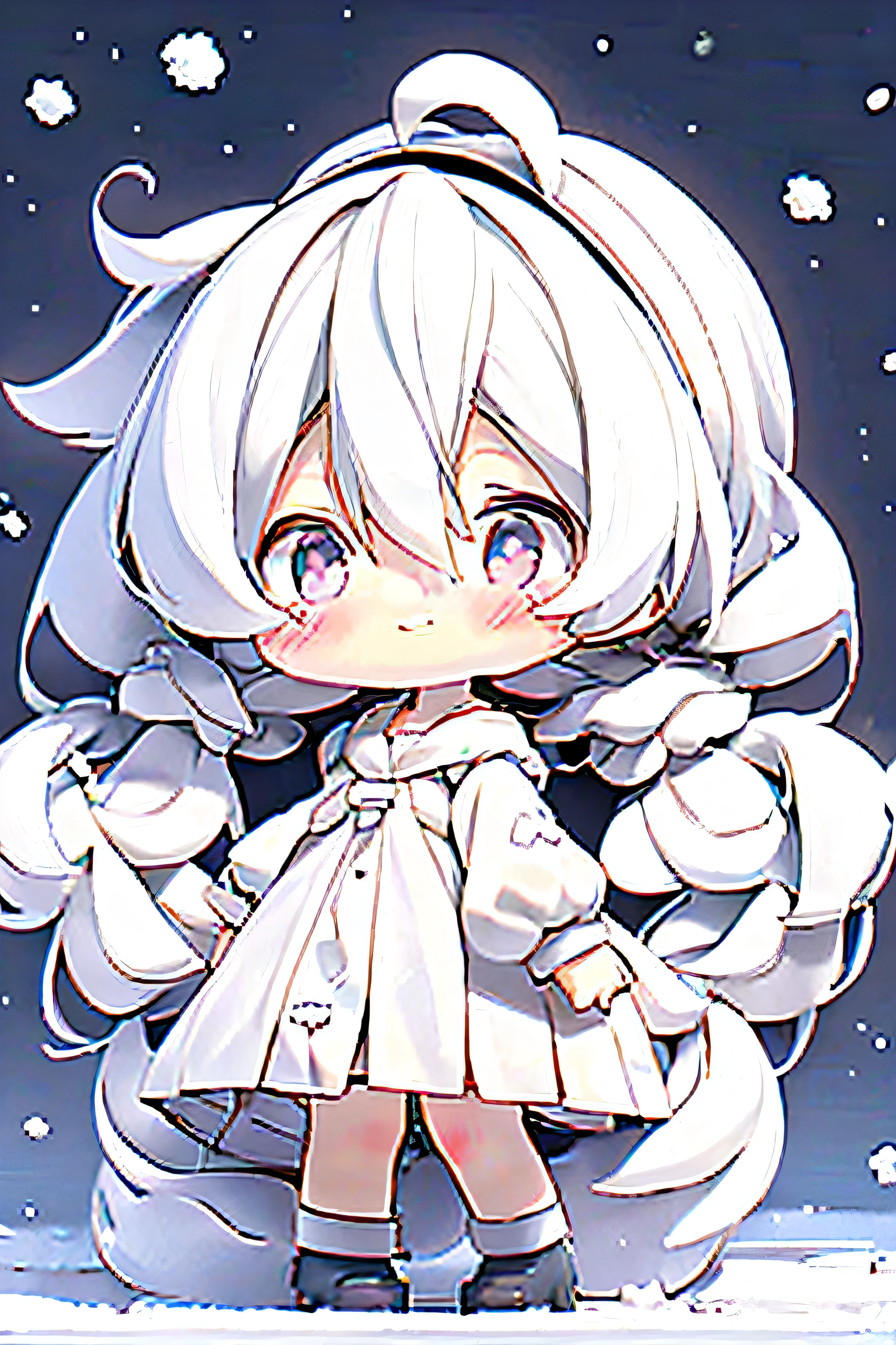 girl, (()), kawaii, medium hair, black eyes, (small breasts), (school uniform), light smile, (snow), ((white hair)), (narrowed eyes), twintails, loliairband, ((Snowflakes in hand)), Full body in camera