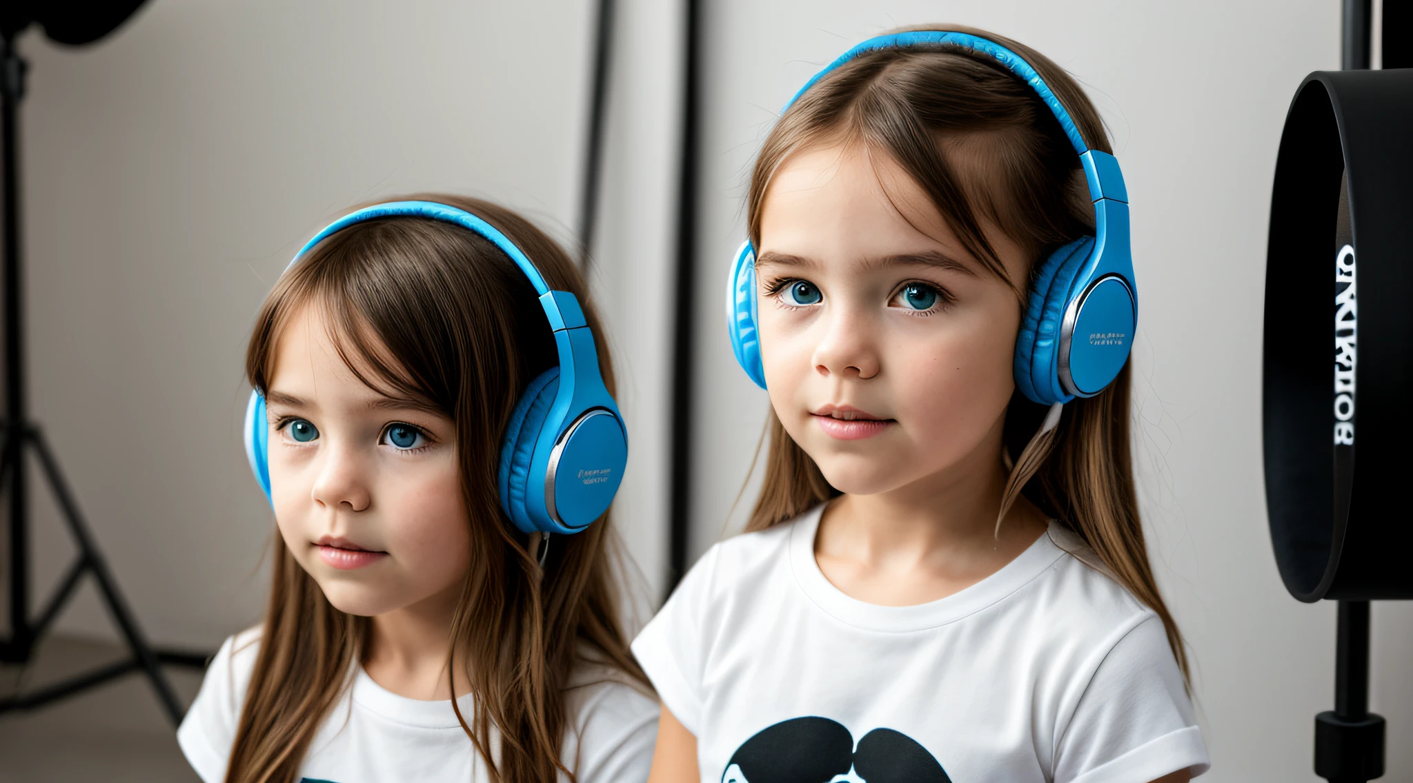 BLONDE CHILD GIRL USING A HEADPHONE , com longos cabelos cacheados e uma camisa preta,, photo shoot, shot in the photo studio