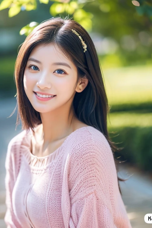 Beautiful woman with good eyes and nose、Beautiful as a model、Cute like a model、Eyes are double、How to use regular mascara、Eye color blue、Hair color pink、her face is delicate and elegant.、imagem 4k、Beautiful style like a model、A refreshing and lovely smile、Yellow blouse、plain yellow miniskirt、University campus on a sunny day、Pose like a model、Overall portrait、Snapshots、beauty like a model、Nice pose with a gorgeous atmosphere、masuter piece、Best Quality、