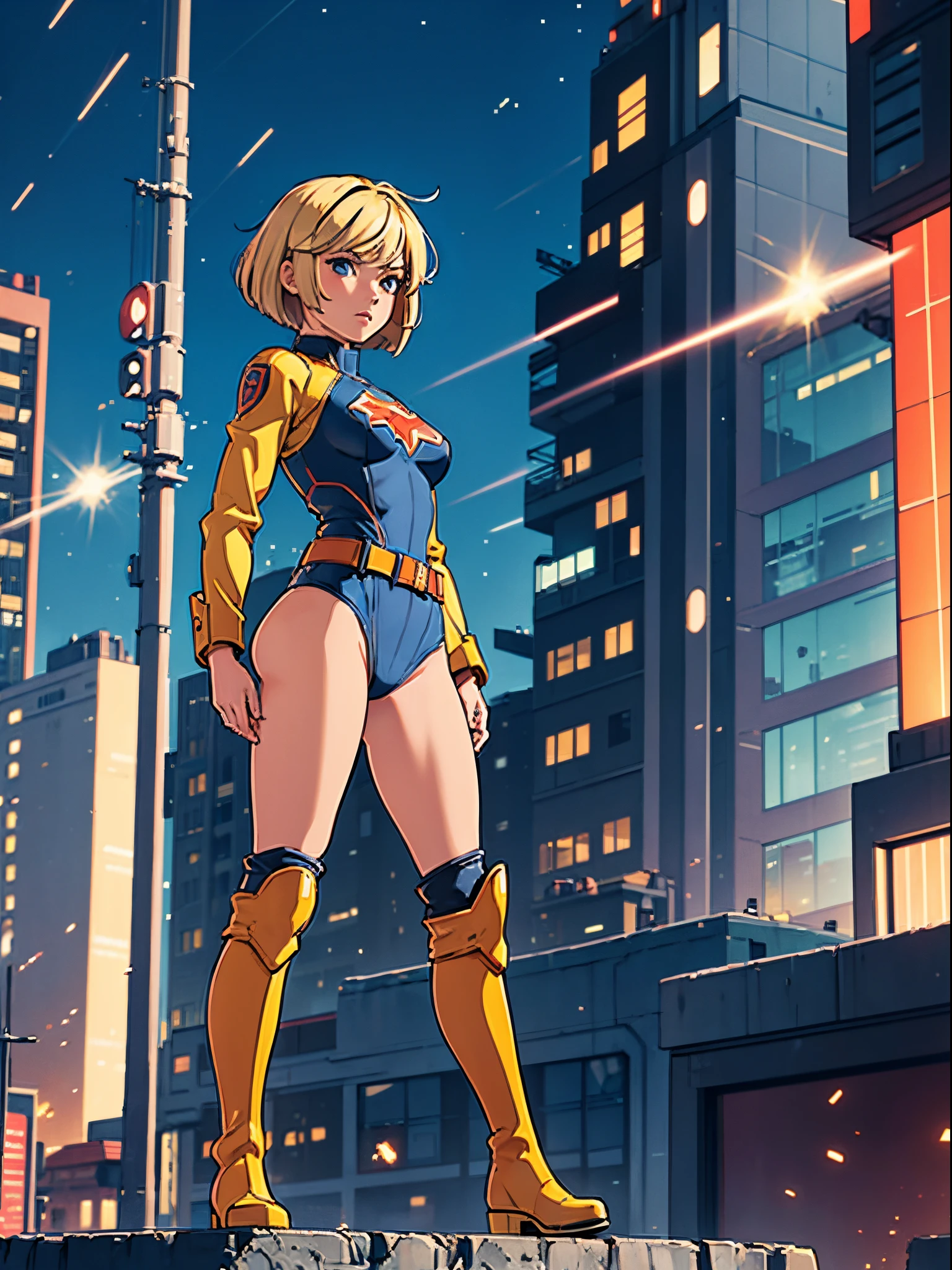1girl, medium breasts, (leotard, highleg leotard, light blue leotard), (lighting bolt emblem on chest), bare legs, (tight belt), boots, matching boots, gloves, city backdrop, solo, single, hands on hip, standing, full body shot, cowboy shot, superhero, beautiful detailed eyes, power, diffraction spikes, blonde hair, short hair, wavy hair, high school backdrop, outdoors, mature lady, teacher