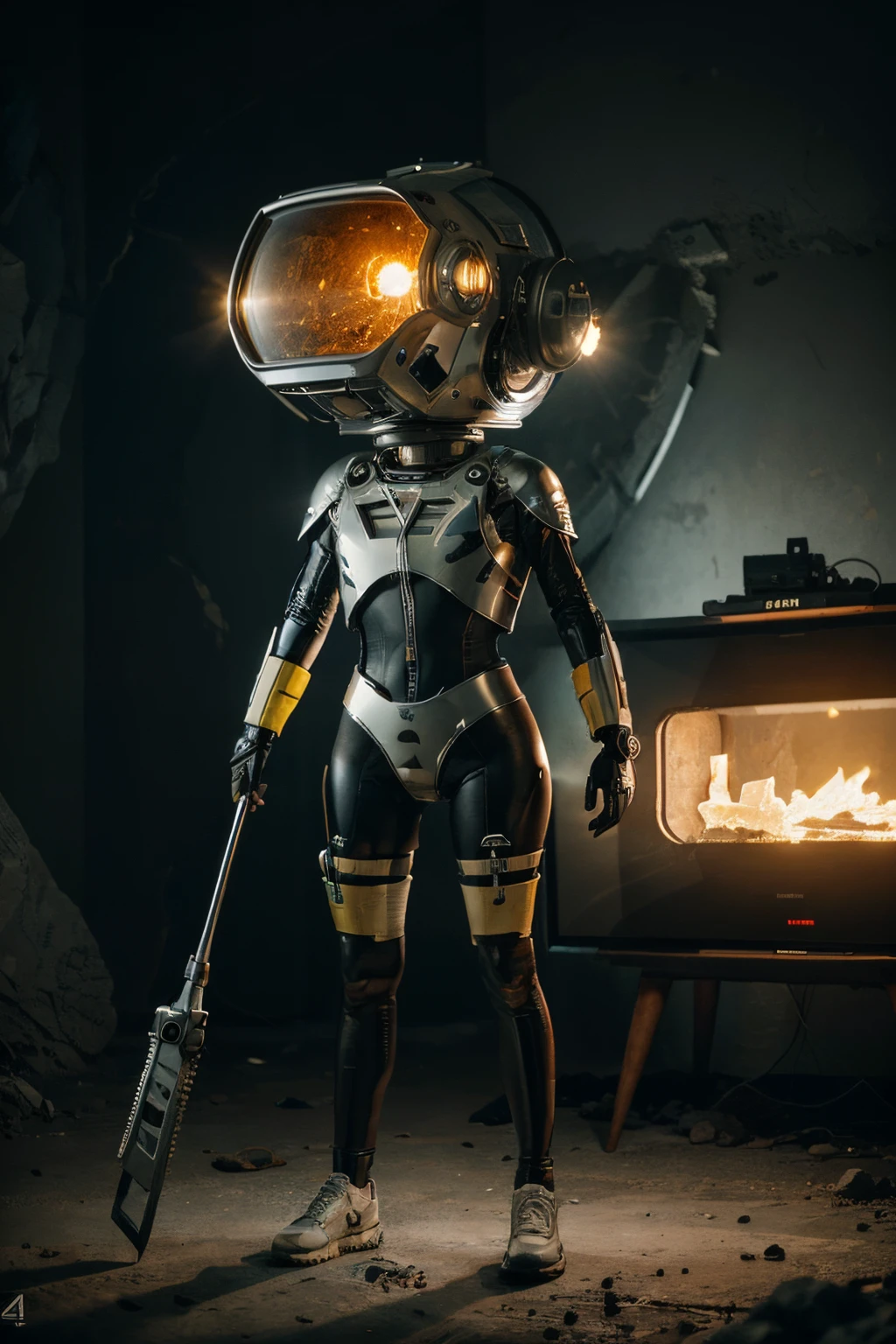 A Modern flat toon Crazy whit a Big ONE a Only Eye Robot and helmet Style, tongs in hands, Tv head, pinhead, camouflage Yellow White Red Rusty, Ambient in a meteorite crater super detailed, center, beautiful, soft lighting, focused on the character, 4K resolution, photorealistic rendering,